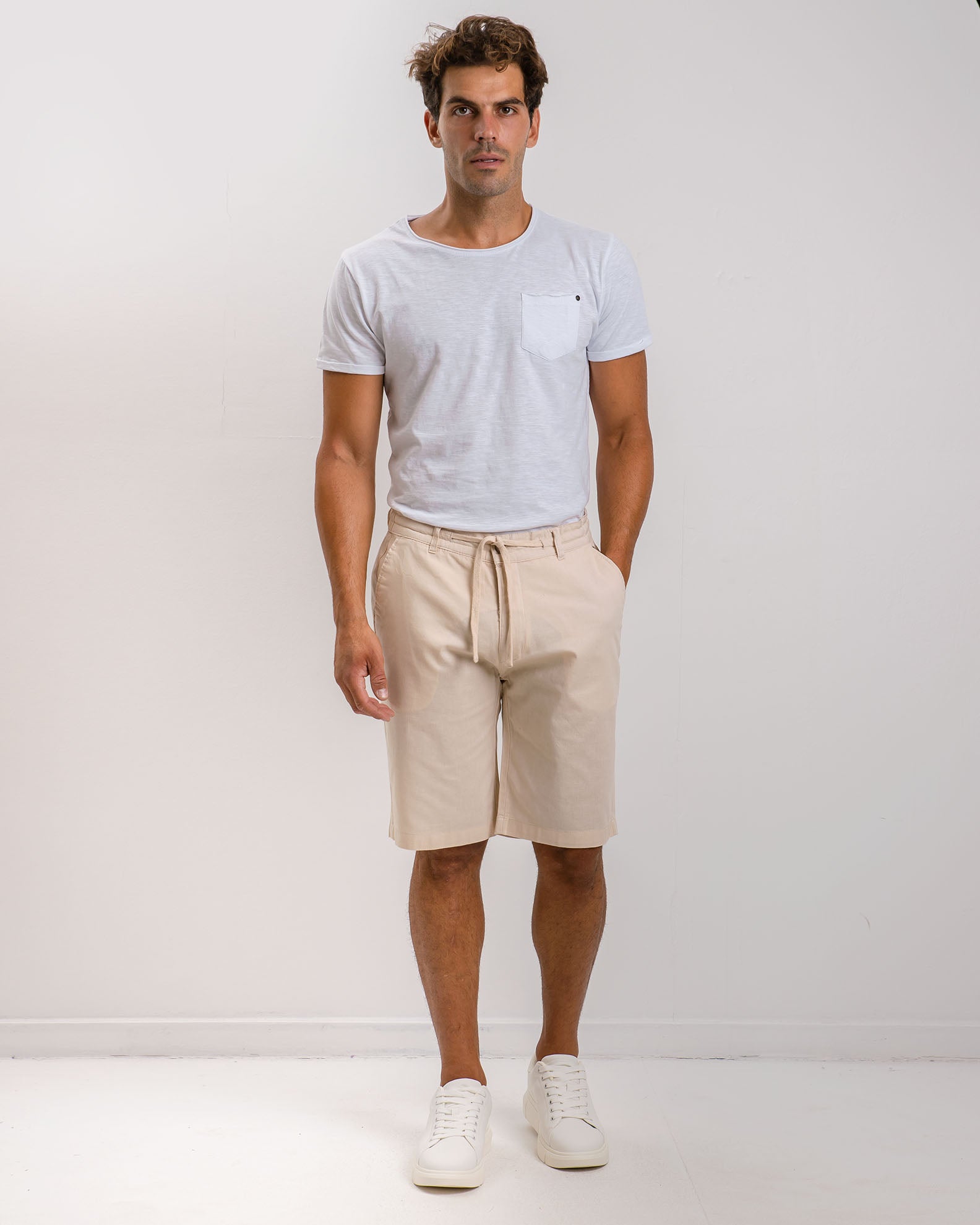 Men's bermuda linen look with elastic waist 'Riley'-BEIGE