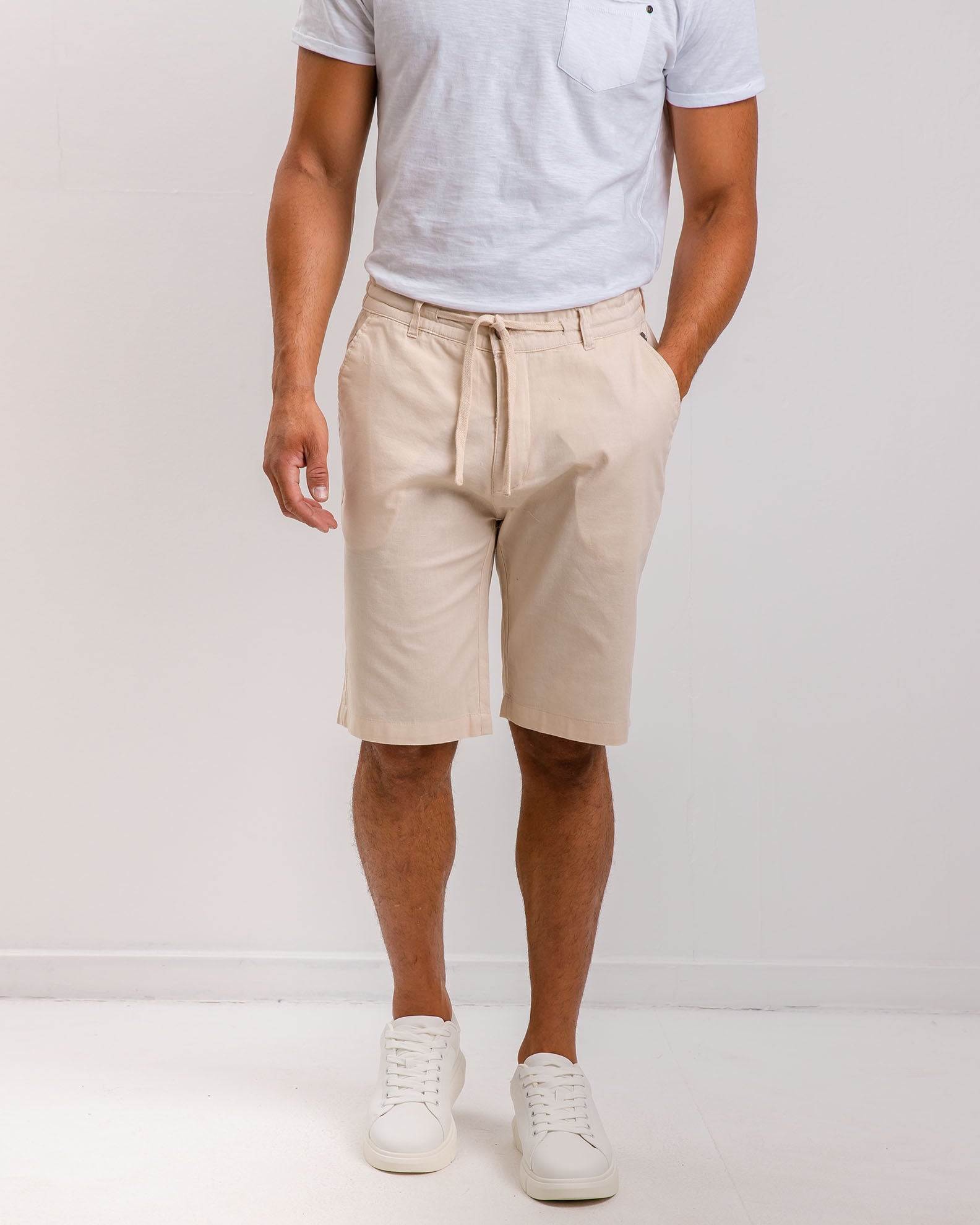 Men's bermuda linen look with elastic waist 'Riley'-BEIGE