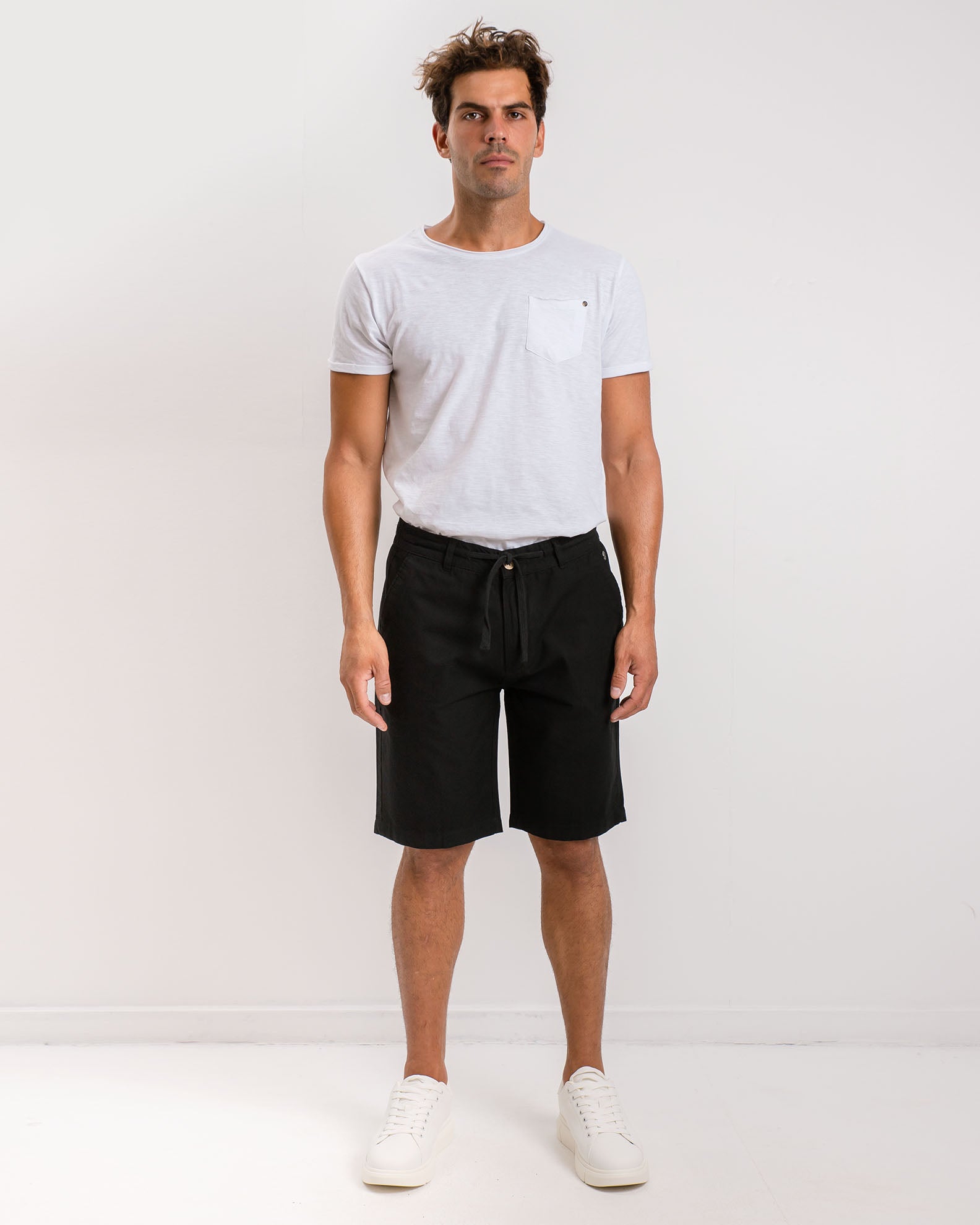 Men's bermuda linen look with elastic waist 'Riley'-BLACK