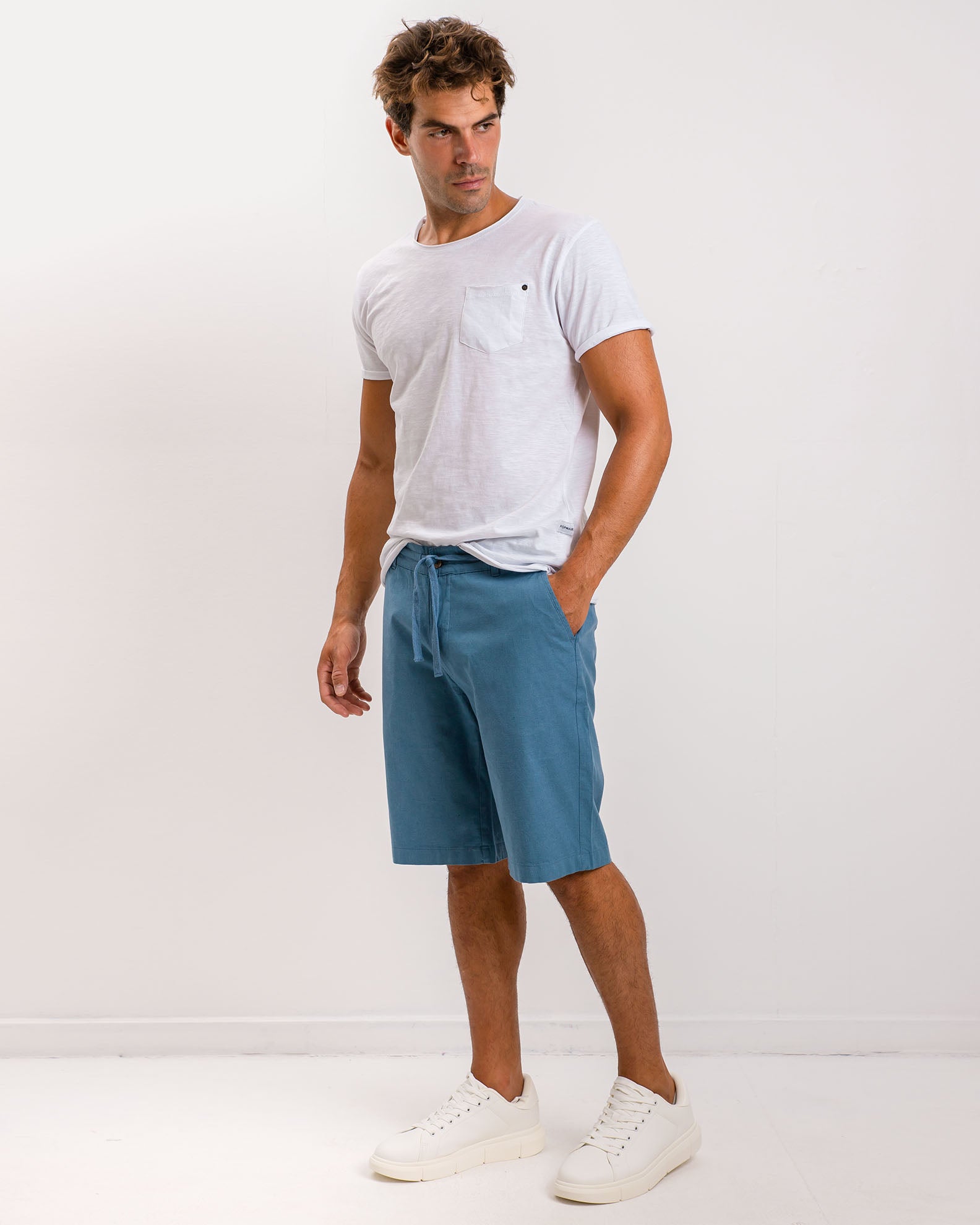 Men's bermuda linen look with elastic waist 'Riley'-PETROL