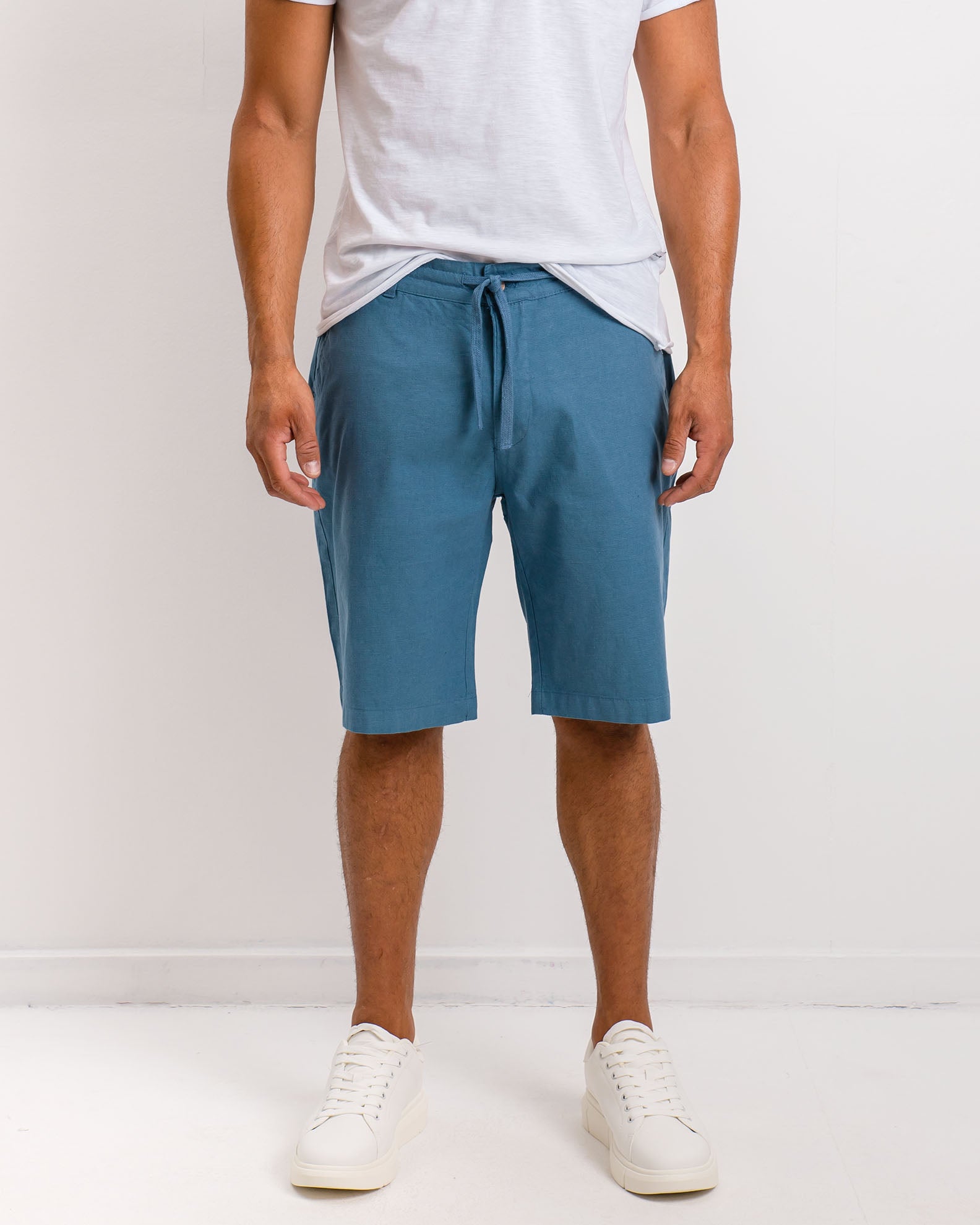 Men's bermuda linen look with elastic waist 'Riley'-PETROL