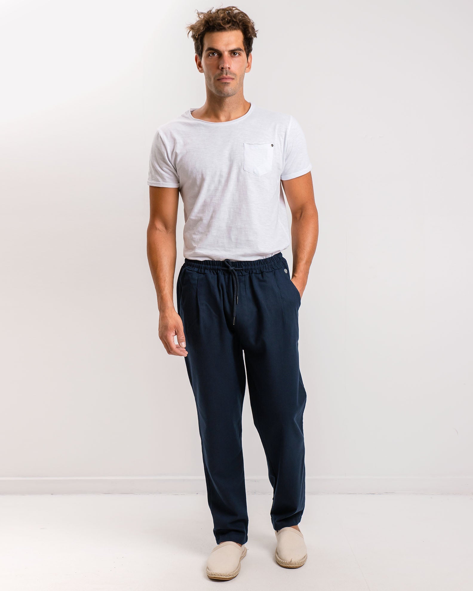 Men's linen trousers with elastic waist 'Wiley'-BLUE NAVY