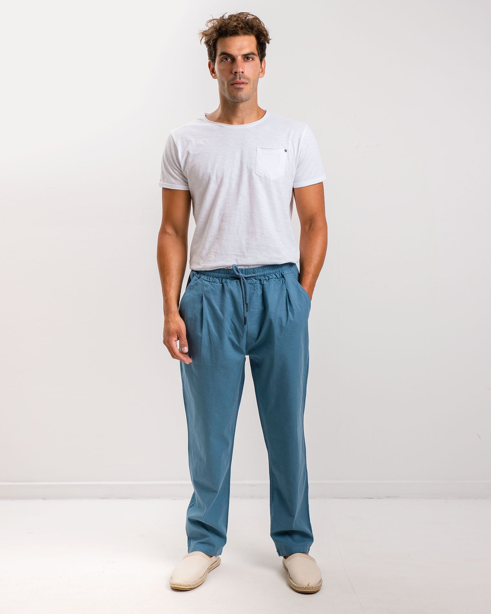 Men's linen trousers with elastic waist 'Wiley'-PETROL