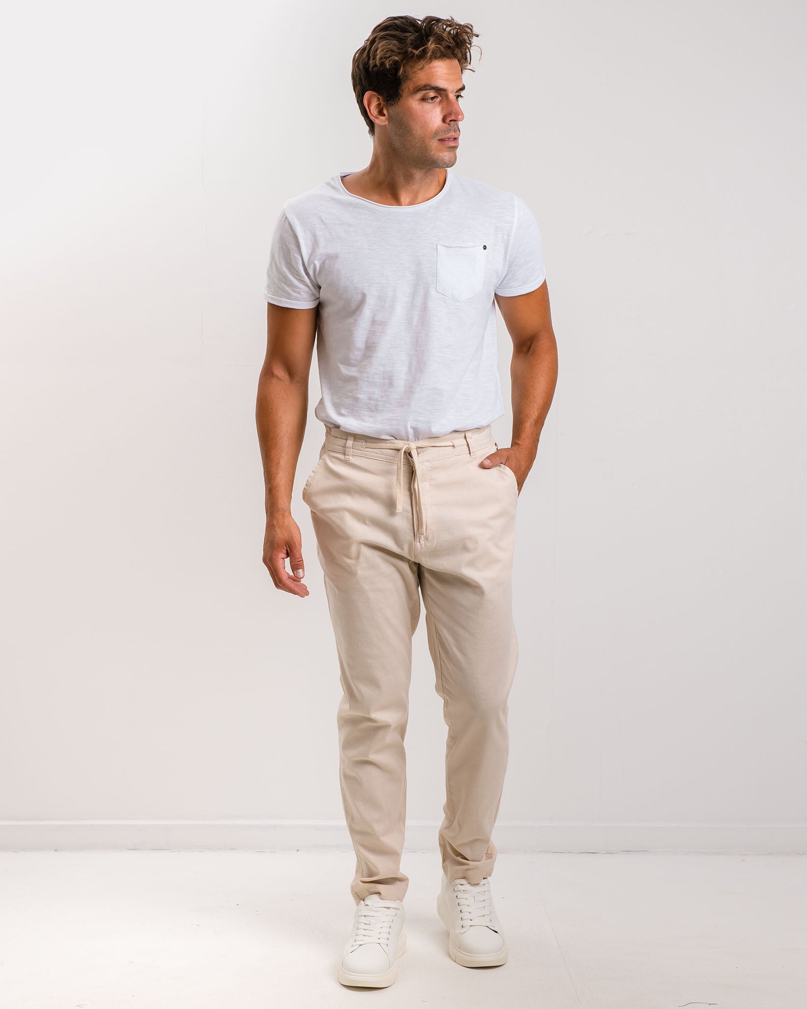 Men's linen trousers with elastic waist 'Ted'-BEIGE