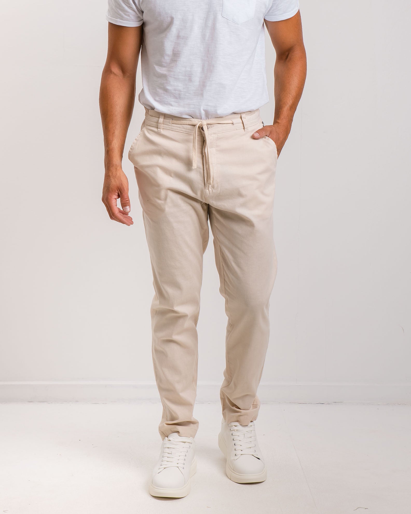 Men's linen trousers with elastic waist 'Ted'-BEIGE