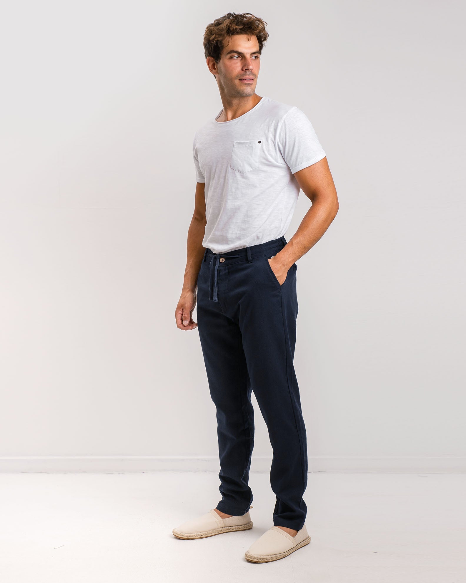 Men's linen trousers with elastic waist 'Ted'-BLUE NAVY