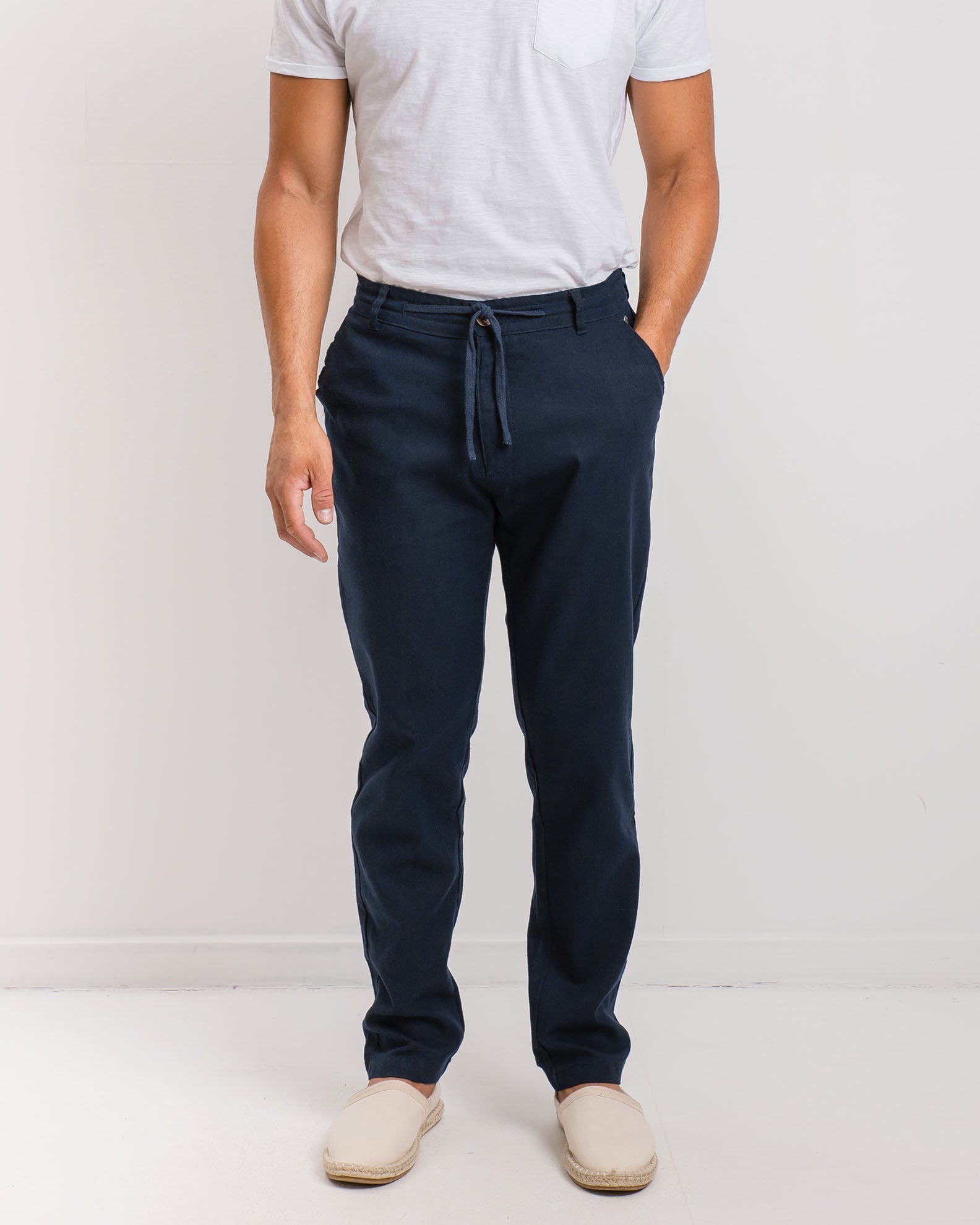 Men's linen trousers with elastic waist 'Ted'-BLUE NAVY