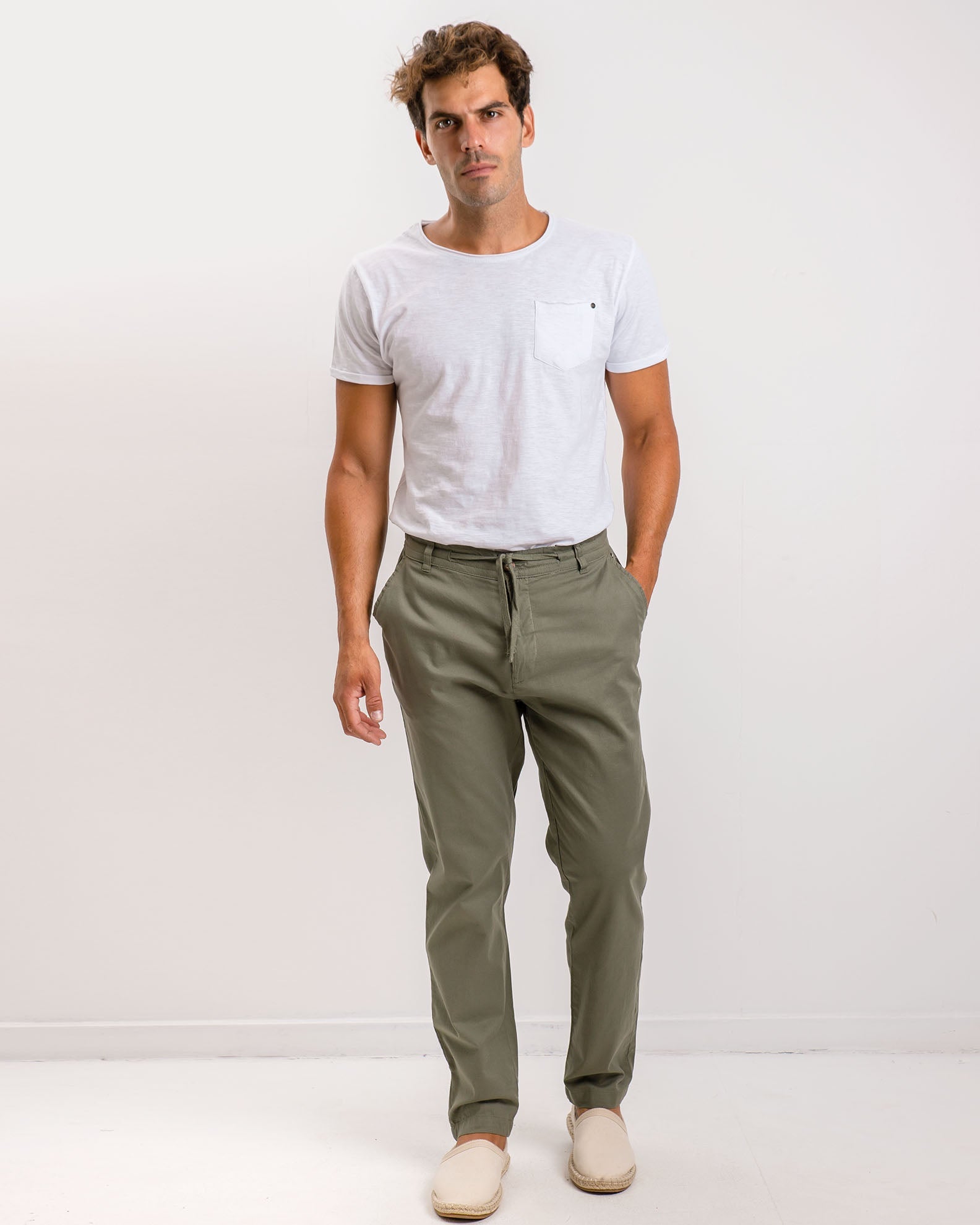 Men's linen trousers with elastic waist 'Ted'-KHAKI