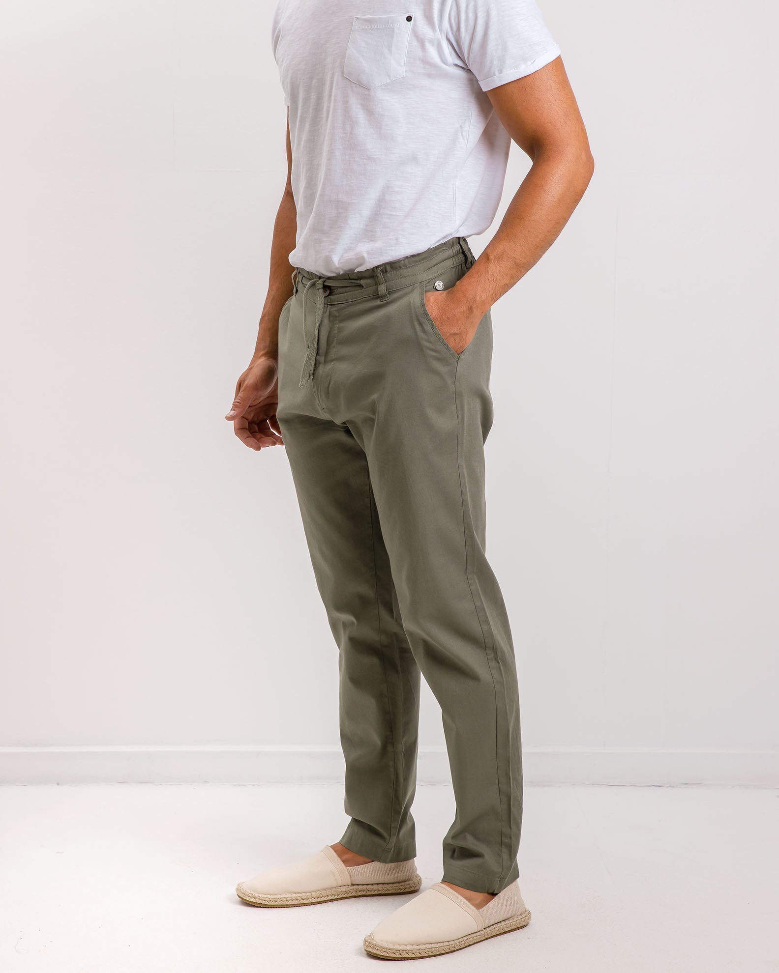 Men's linen trousers with elastic waist 'Ted'-KHAKI