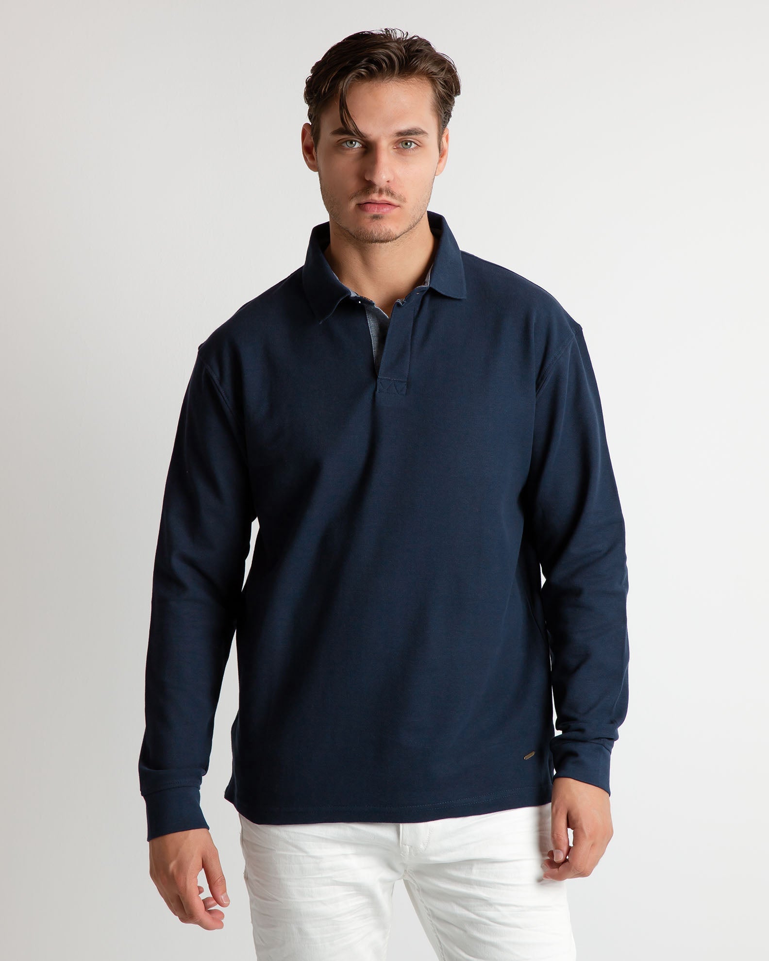 Ανδρική μπλούζα τύπου Polo με μακρύ μανίκι 'Jeffrey'-BLUE NAVY