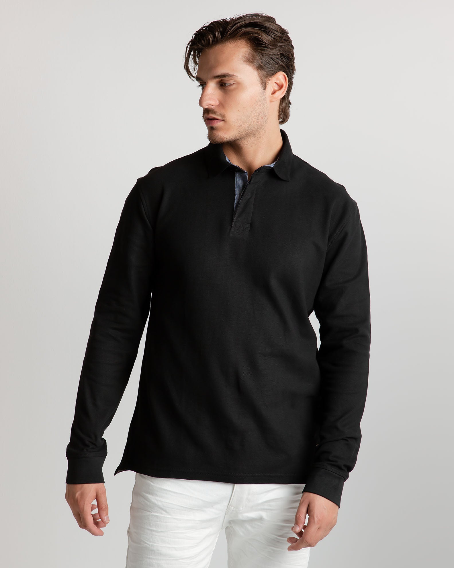 Men's polo shirt with long sleeves 'Jeffrey'-BLACK