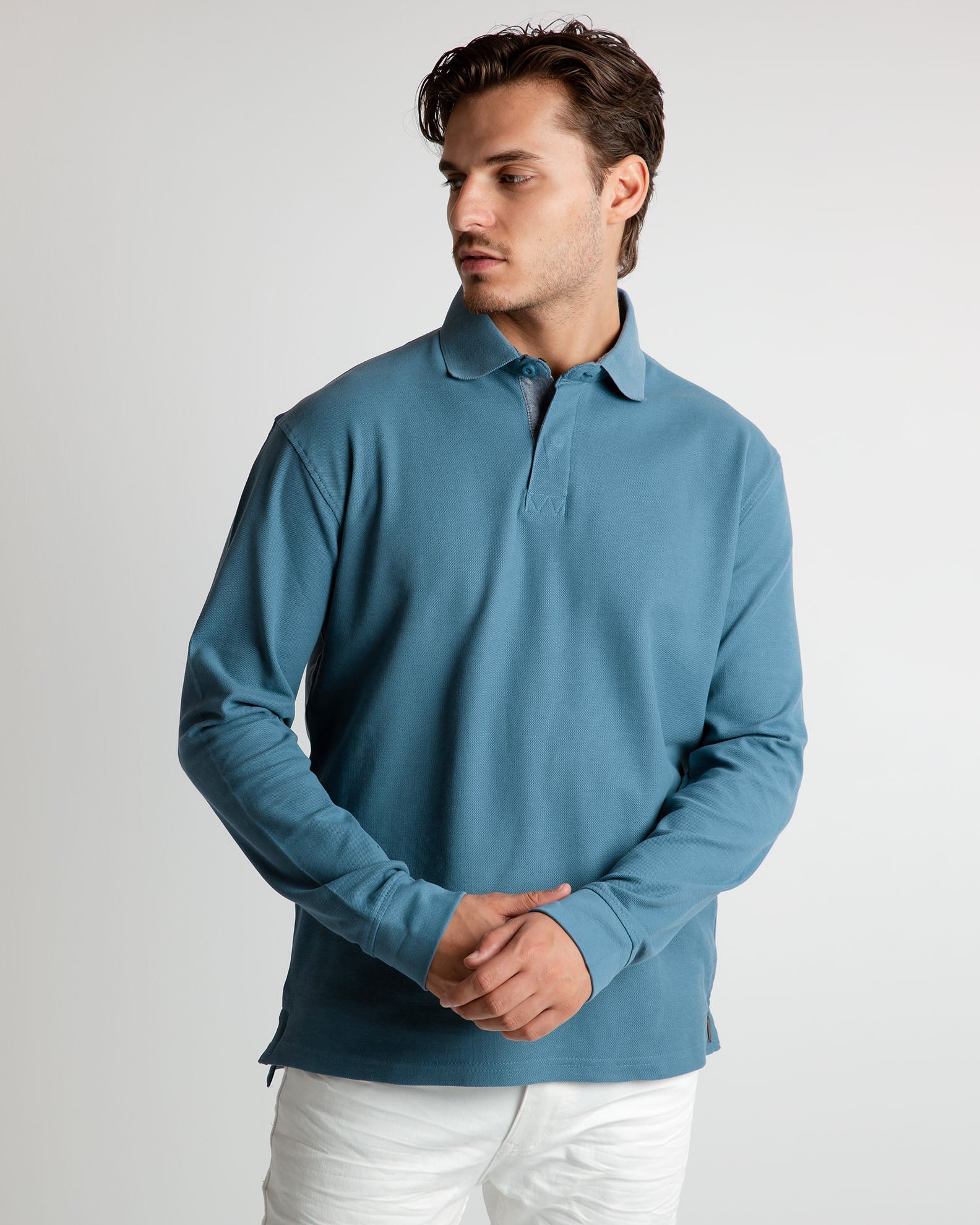 Men's polo shirt with long sleeves 'Jeffrey'-PETROL