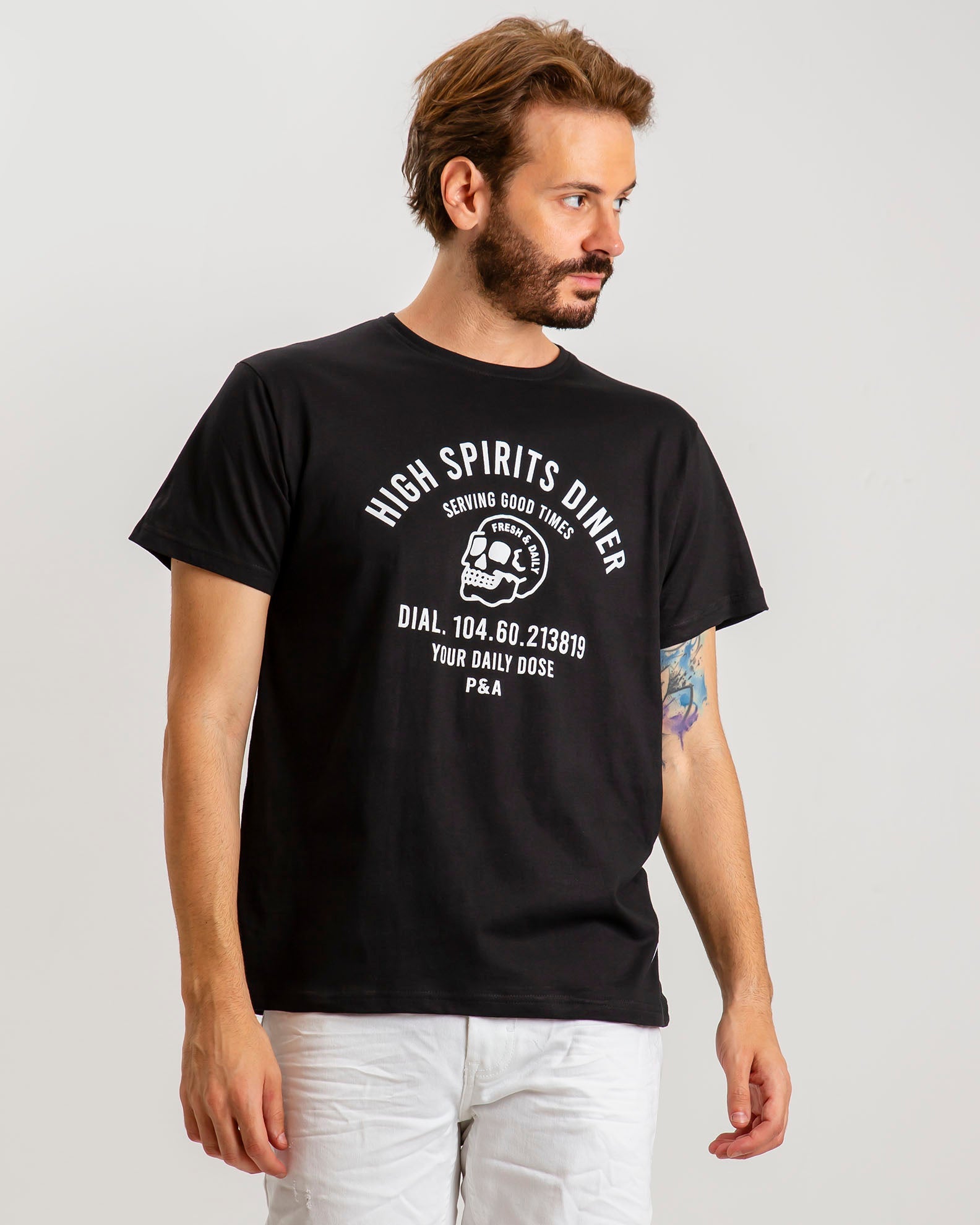 Men's short-sleeved shirt with 'High spirits' print-BLACK