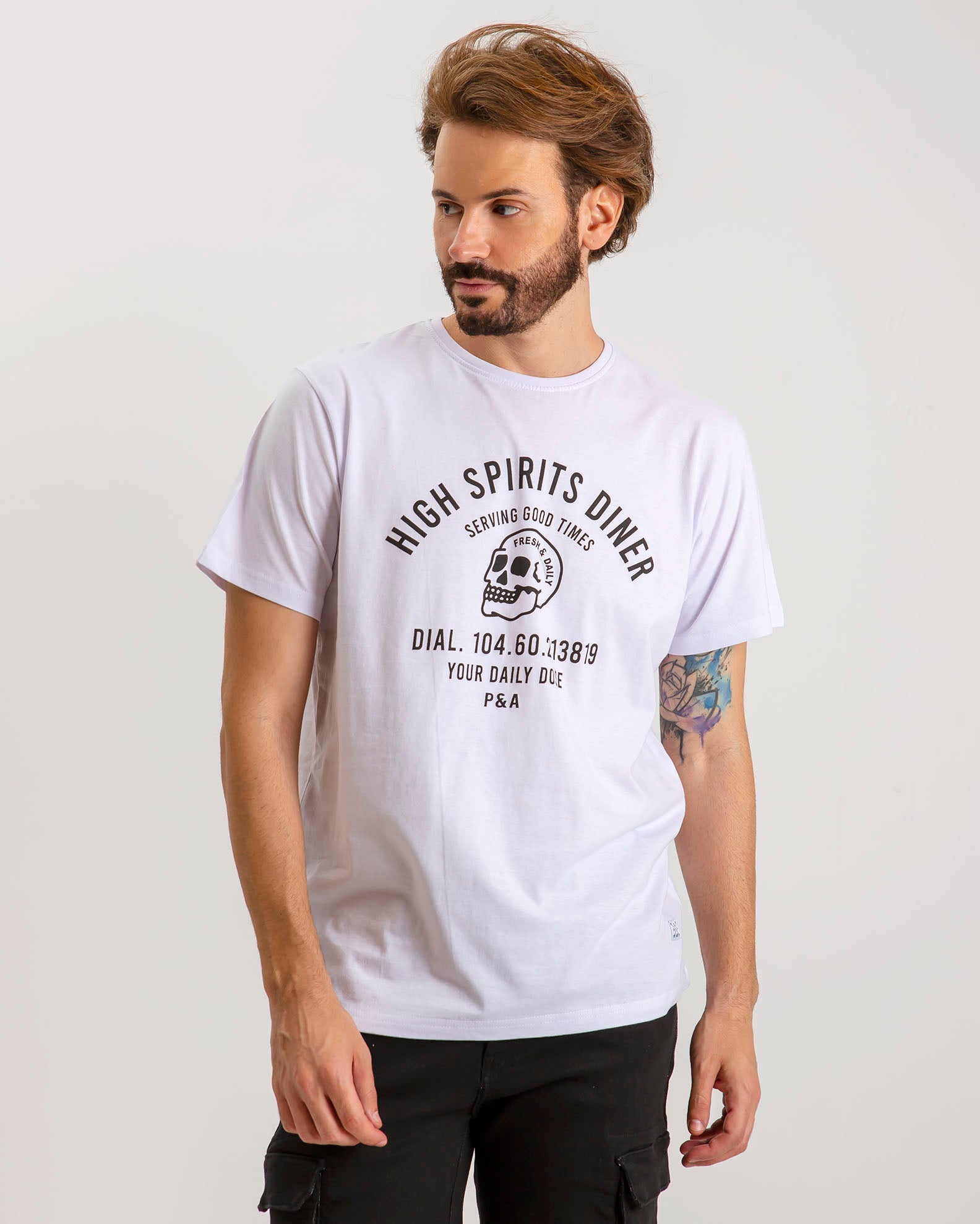 Men's short-sleeved shirt with 'High spirits' print-WHITE