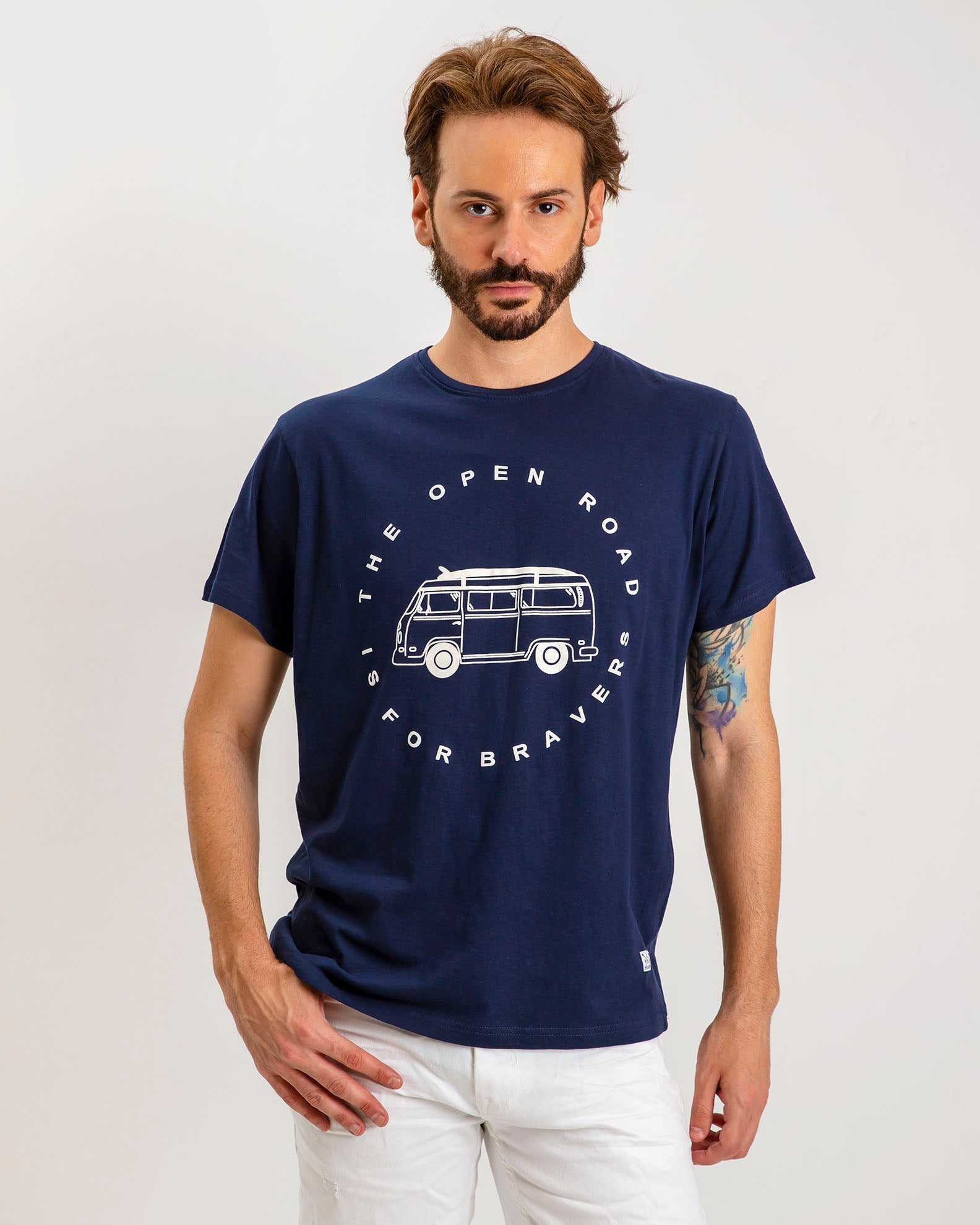 Men's short-sleeved shirt with 'Open road' print-BLUE NAVY