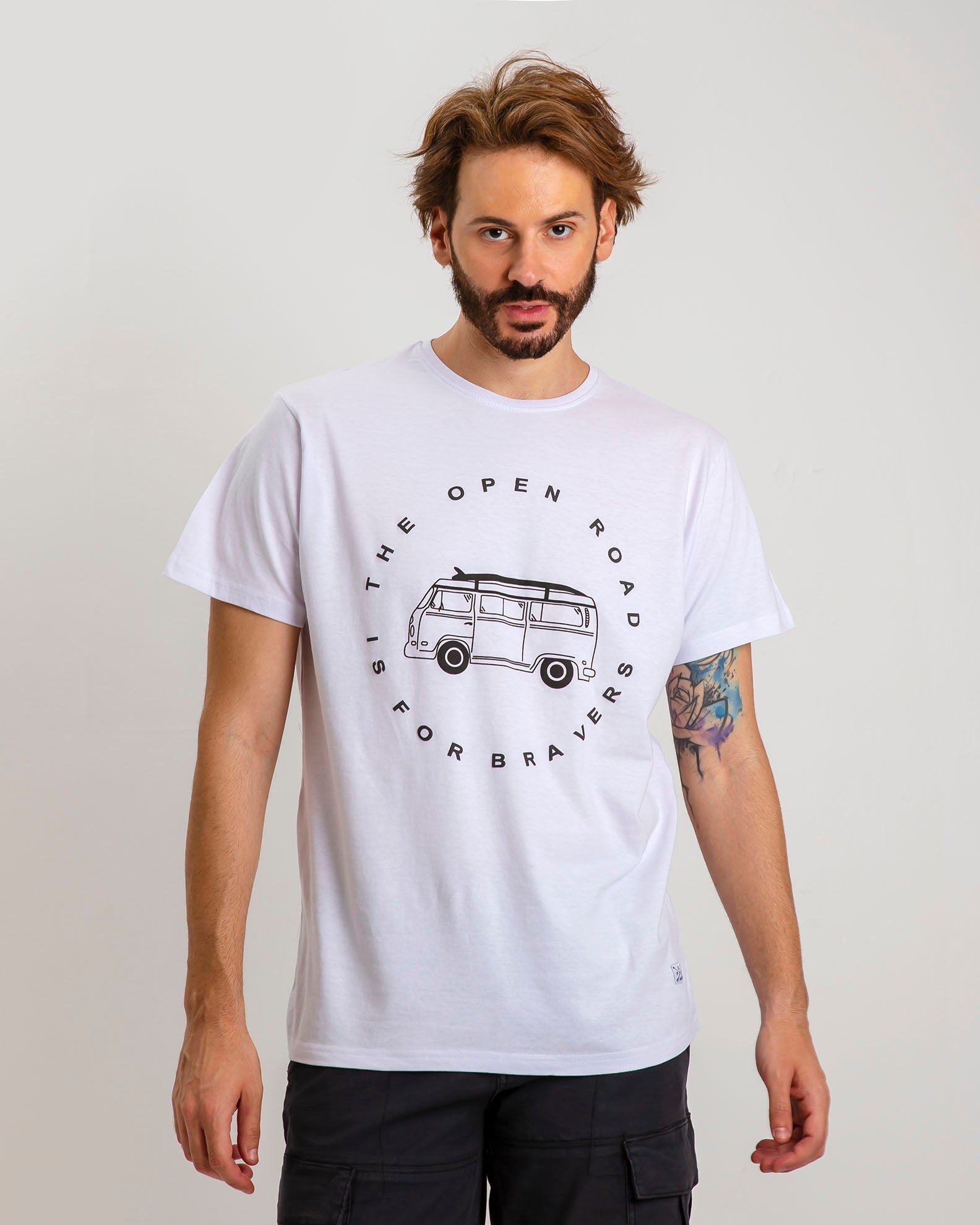 Men's short-sleeved shirt with 'Open road' print-WHITE