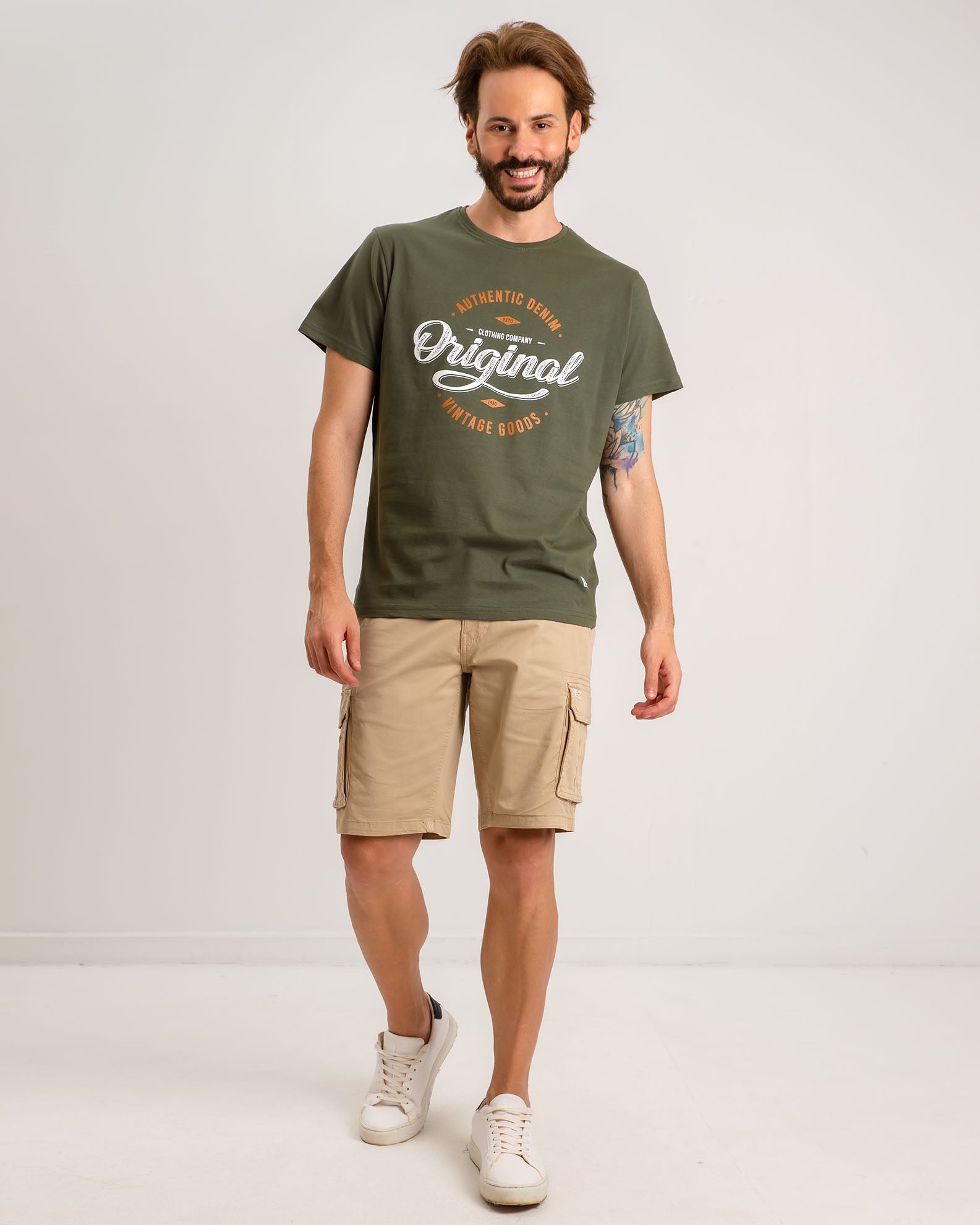 Men's short-sleeved shirt with 'Original' print - KHAKI