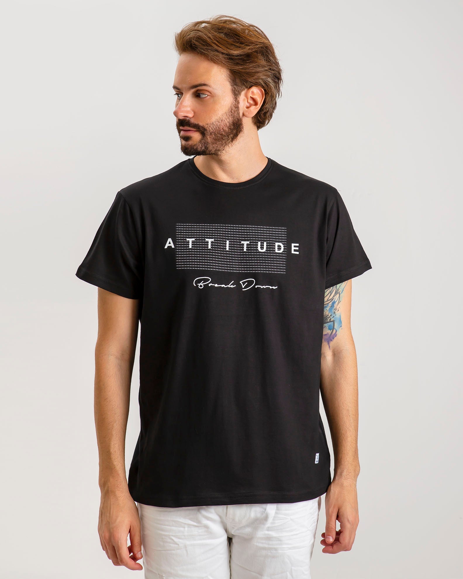 Men's short-sleeved shirt with 'Attitude' print-BLACK