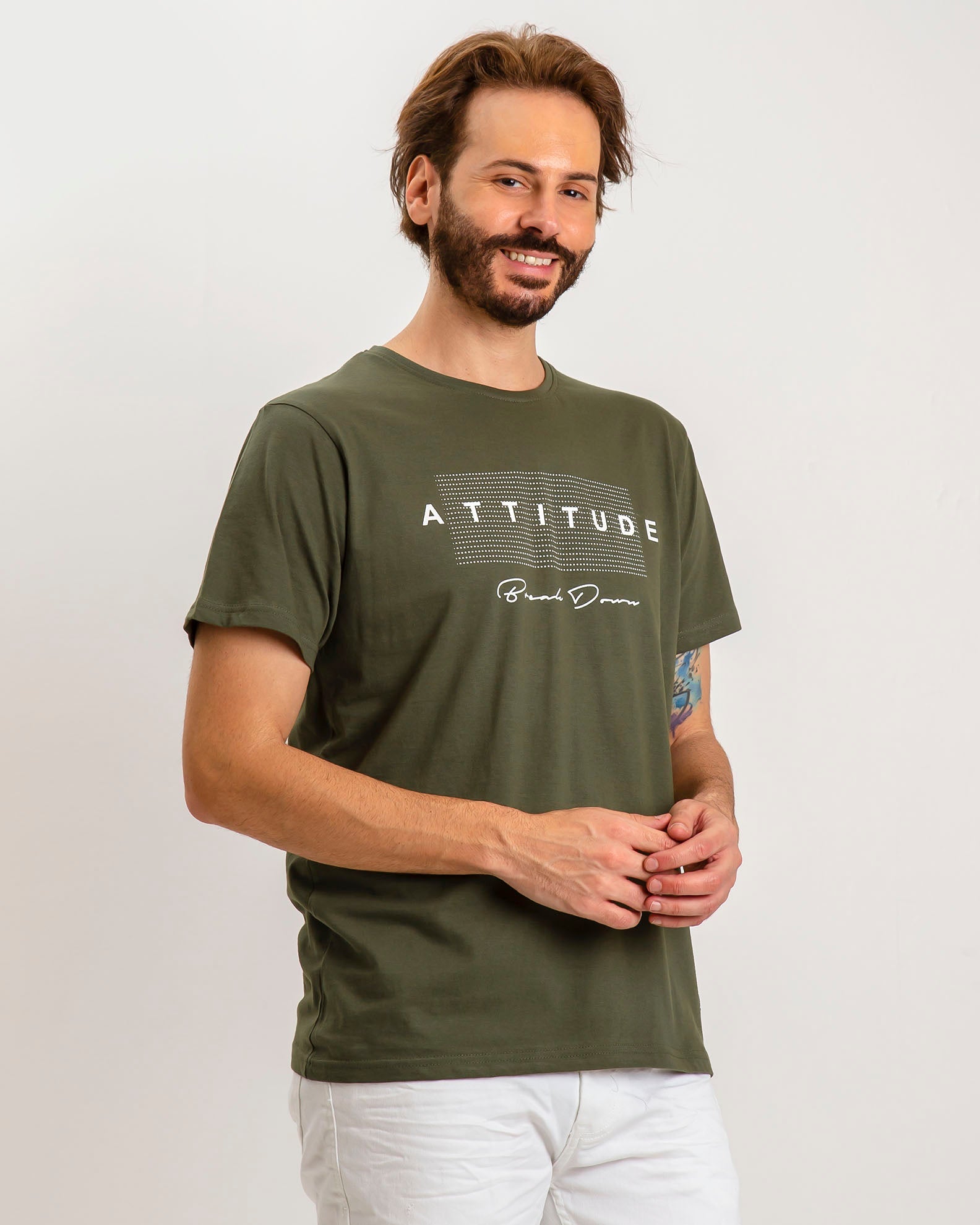 Men's short-sleeved shirt with 'Attitude' print-KHAKI