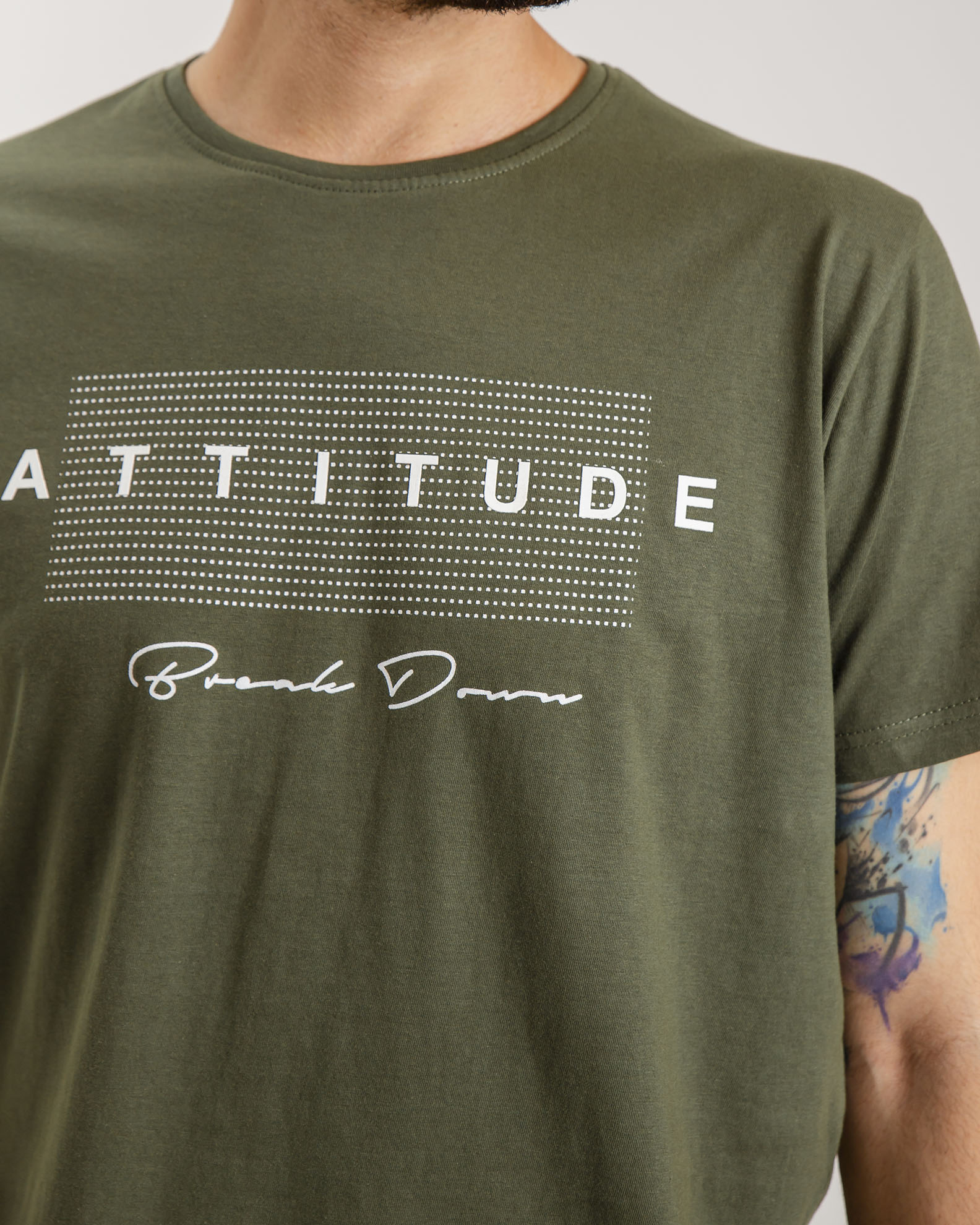 Men's short-sleeved shirt with 'Attitude' print-KHAKI