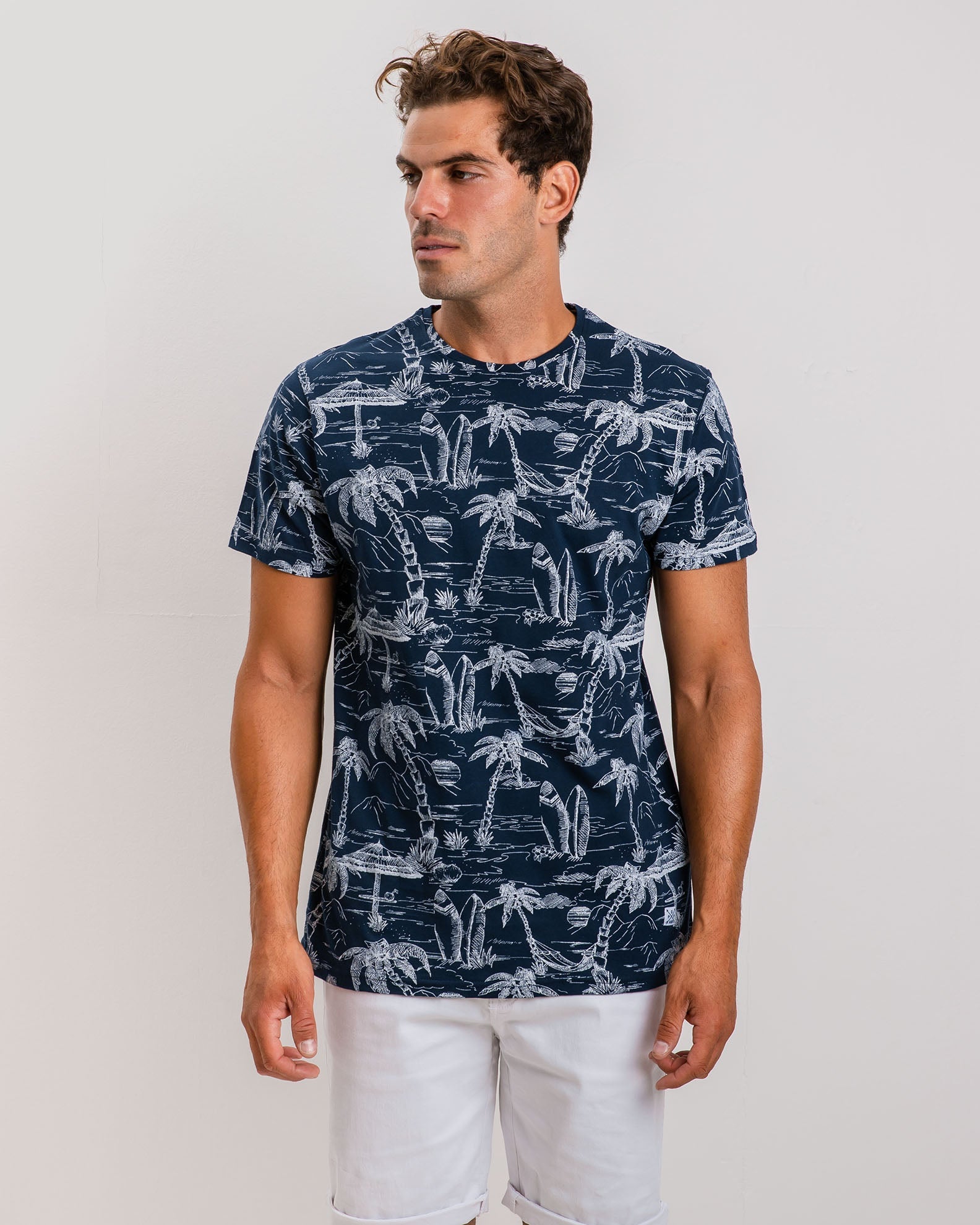 Men's short-sleeved shirt with 'Palms' print-BLUE NAVY