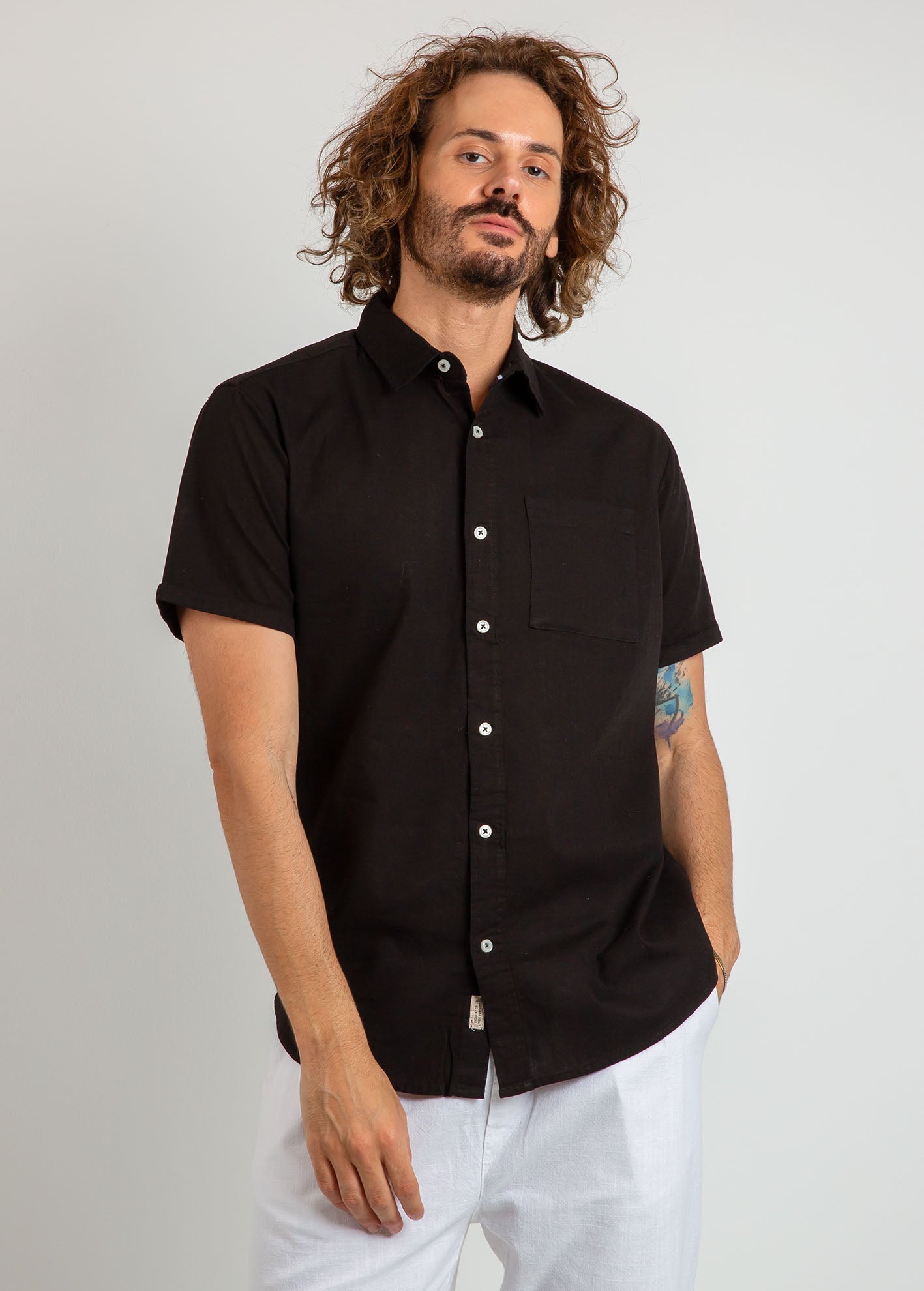 Ανδρικό πουκάμισο λινό 'Dallas'-BLACK MELANGE