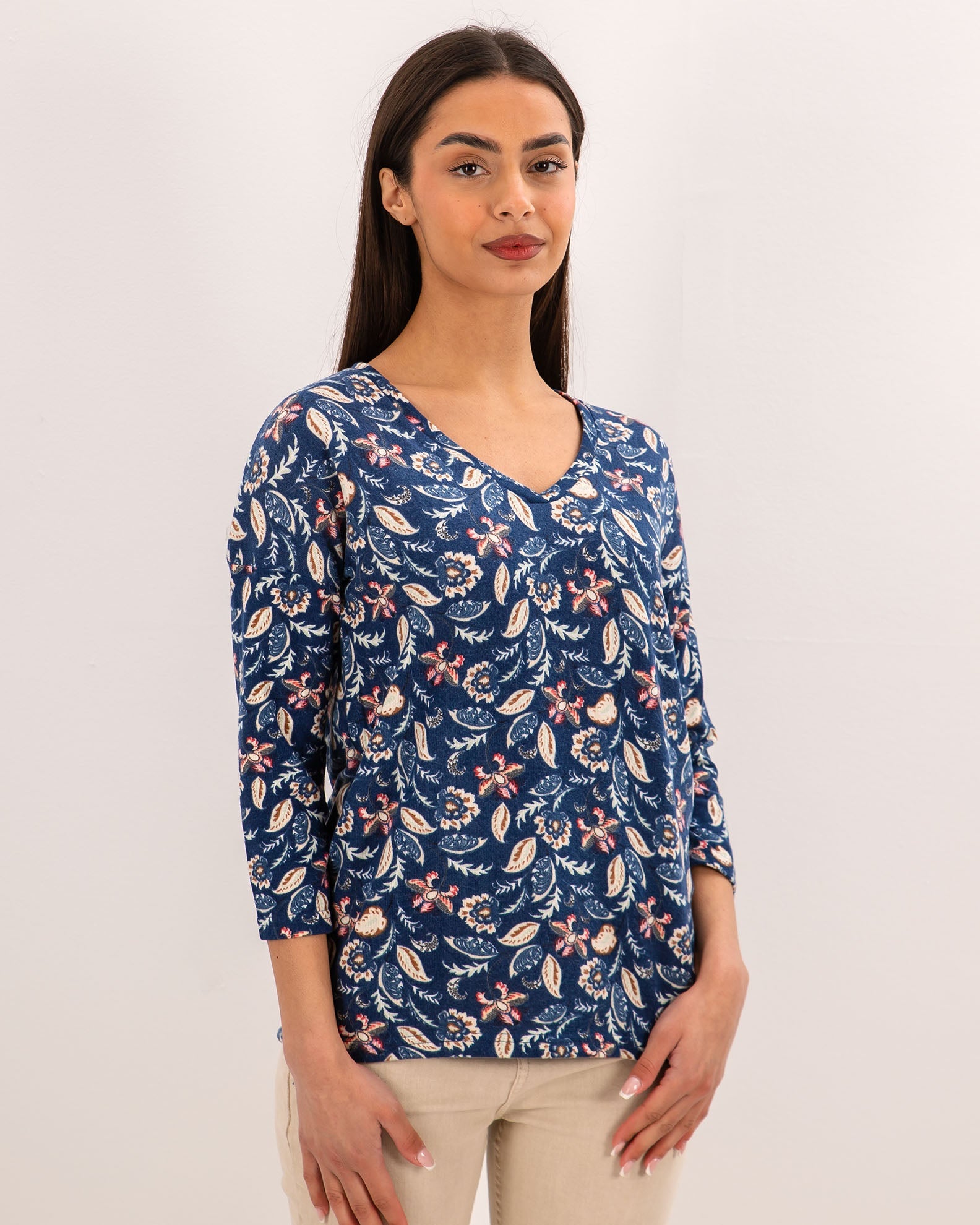 Women's Knitted Blouse Light Floral 3/4 "Ma44lia"-navy flower