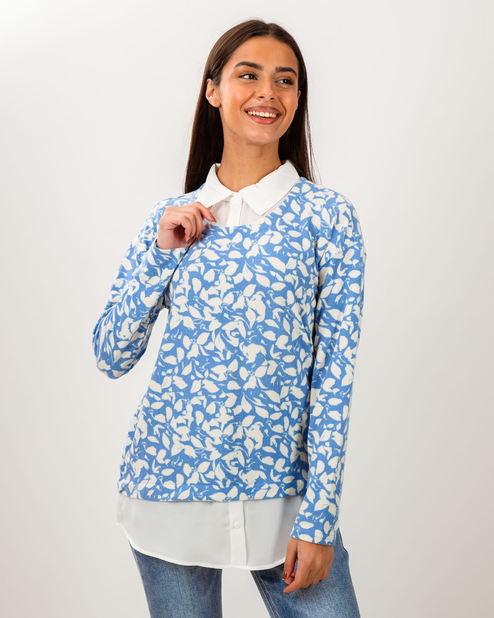 Women's Blouse with Collar "Mi44linda" Blue Floral-blue flower