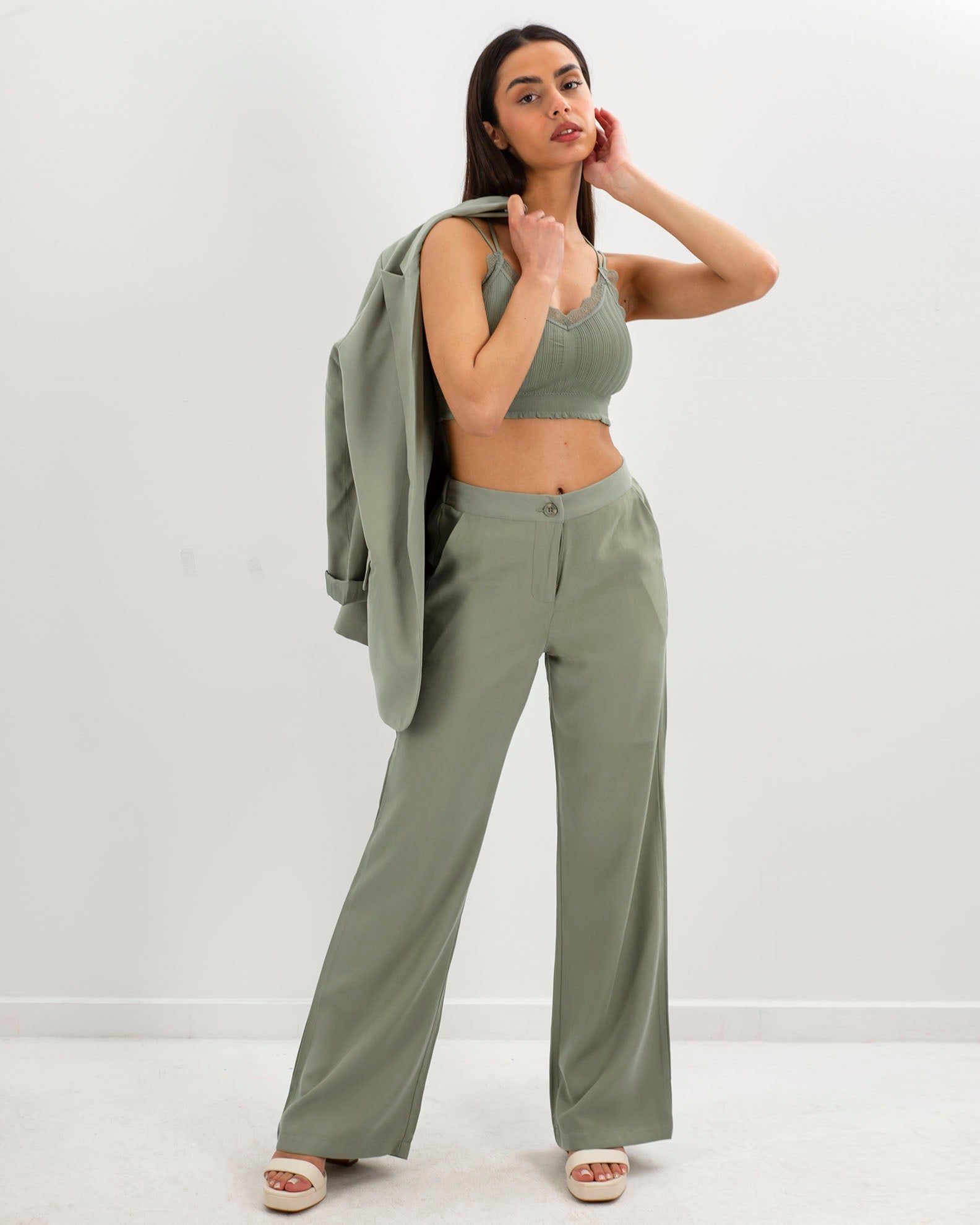 Women's Pants with Wide Legs and Elastic 'Ne44lia'-lkhaki