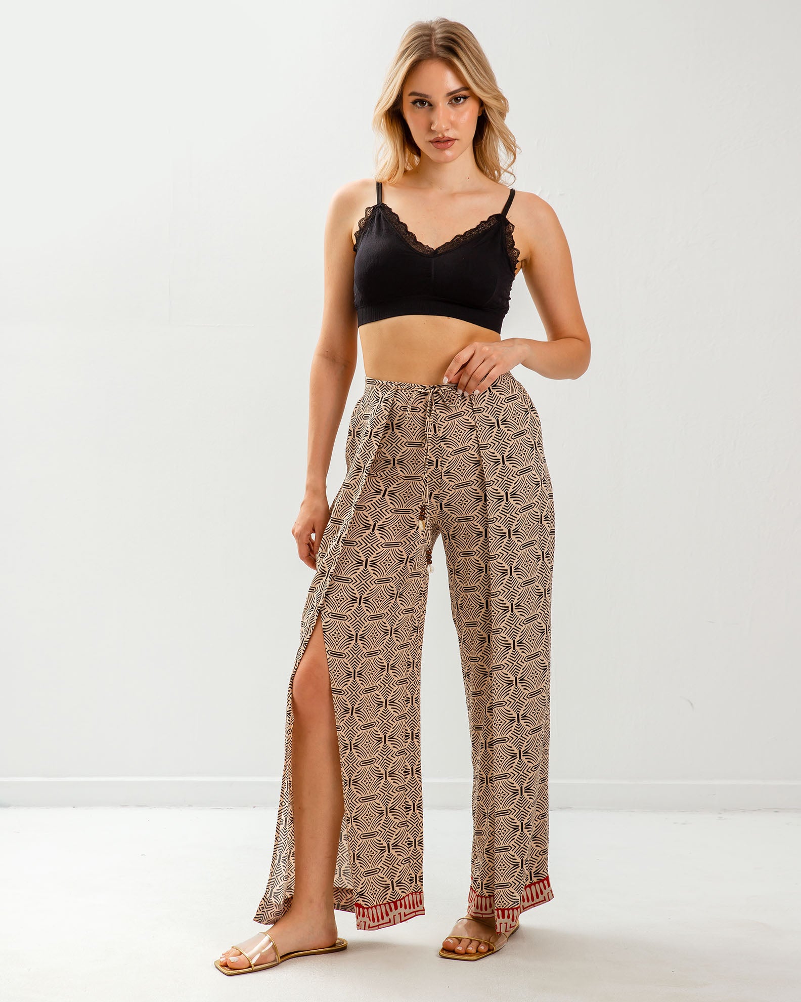 Women's printed pants with openings 'Iv44y'-beige div