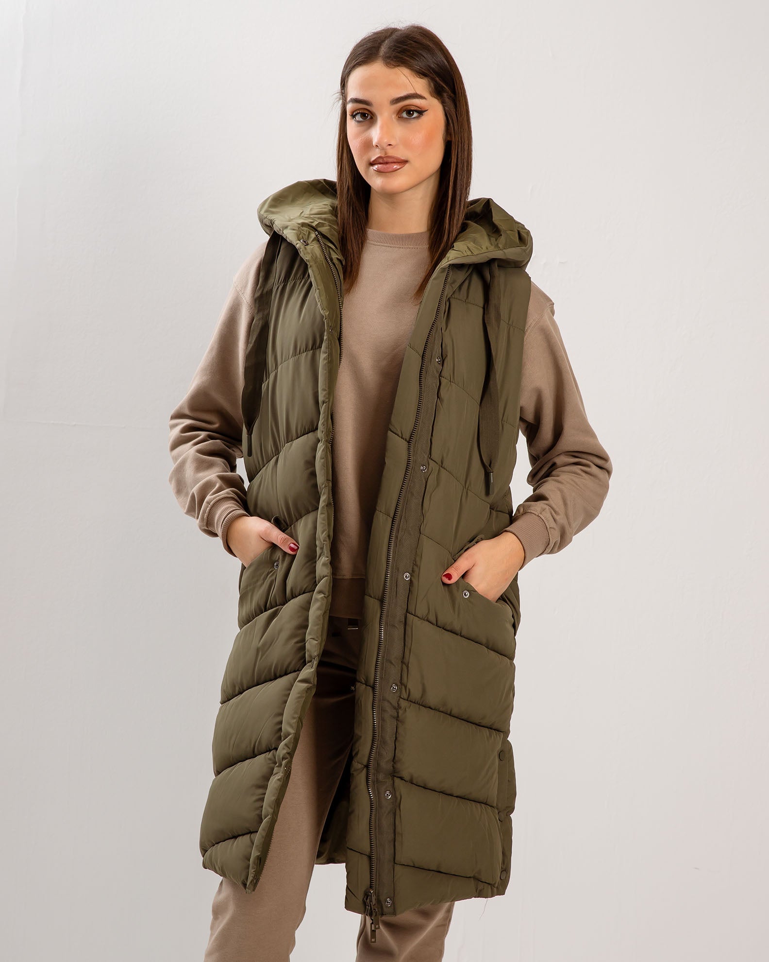 Women's Sleeveless Long Vest with Hood 'Ch44arlotte'-khaki