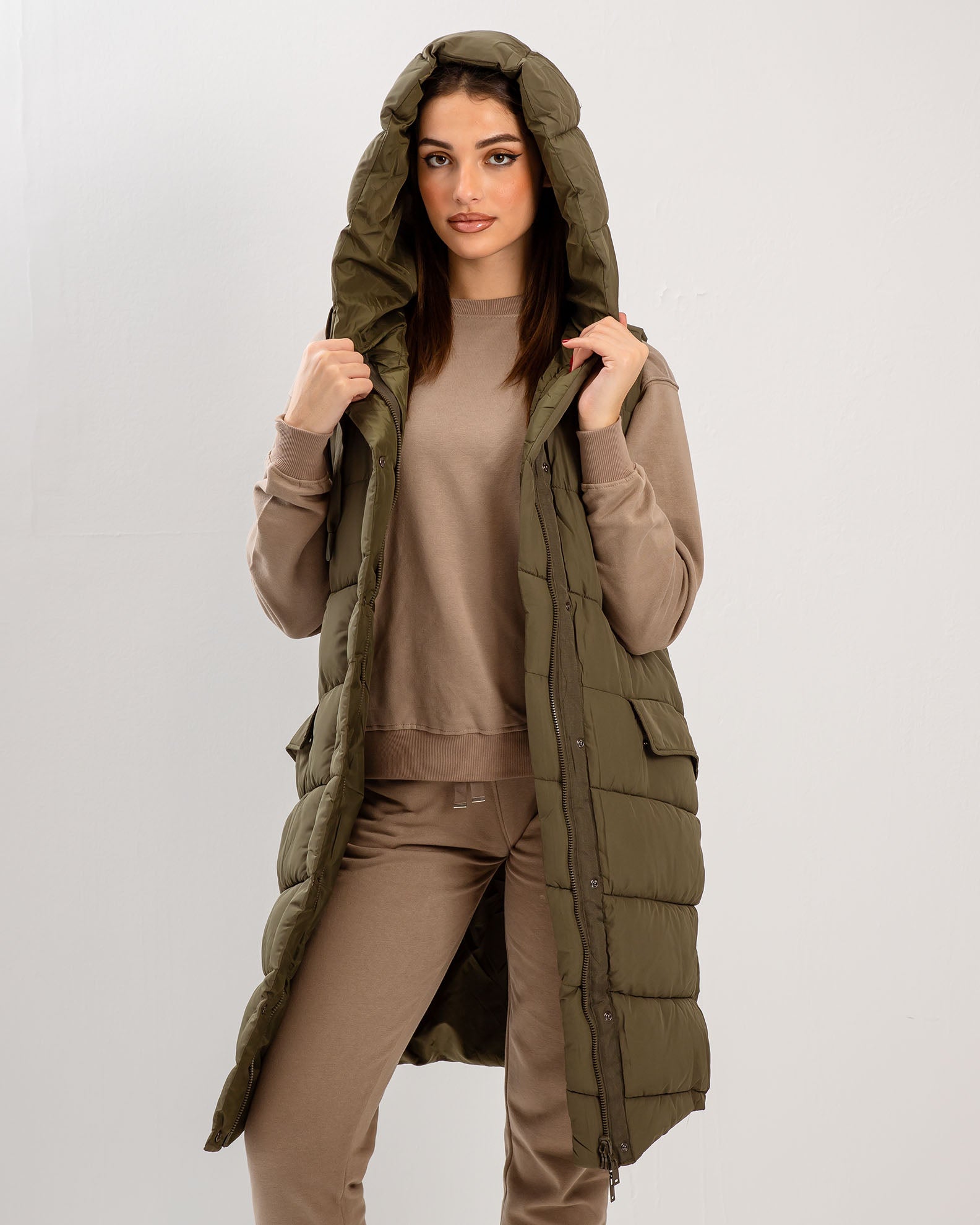 Women's Sleeveless Long Vest with Hood 'Ch44arlotte'-khaki