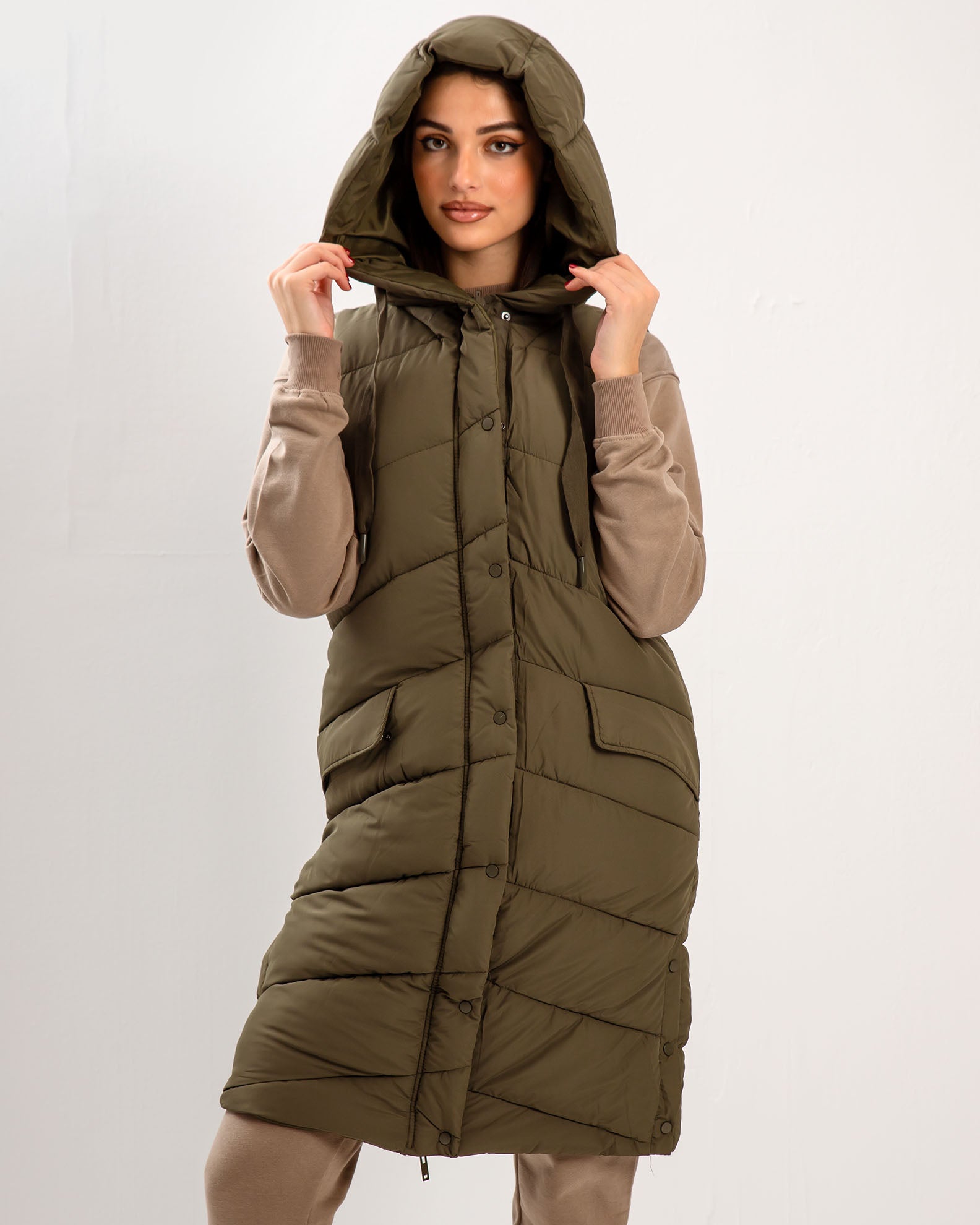 Women's Sleeveless Long Vest with Hood 'Ch44arlotte'-khaki