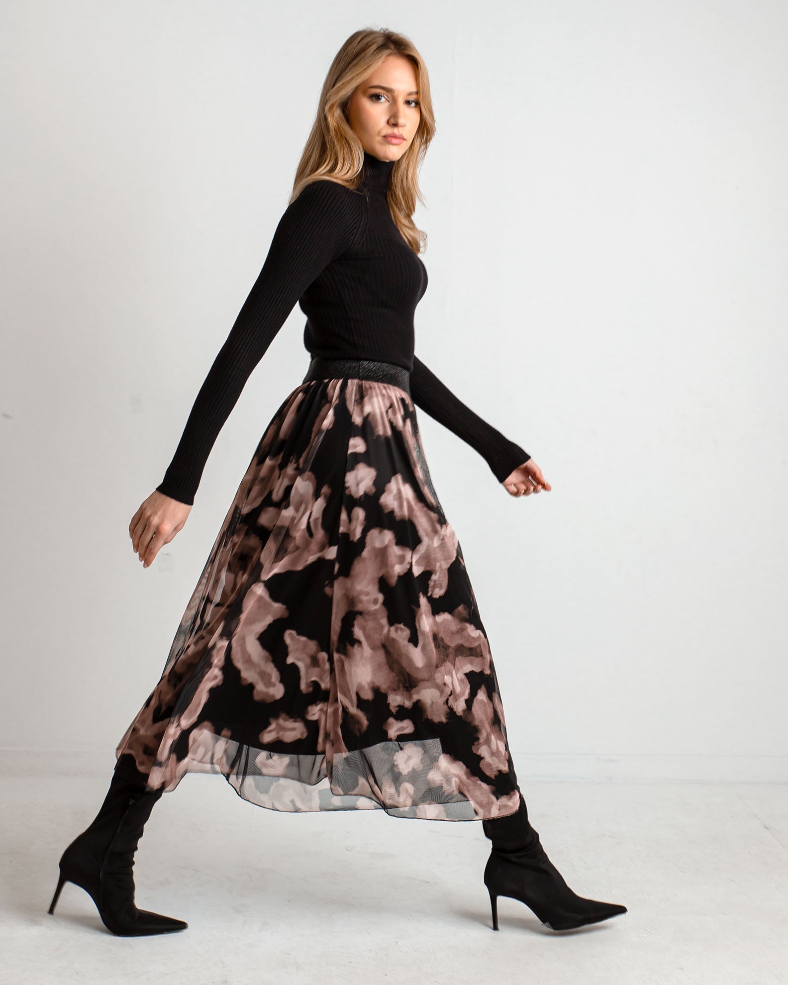 Tulle Floral Midi Skirt with Elastic 'Gi44llian'-black