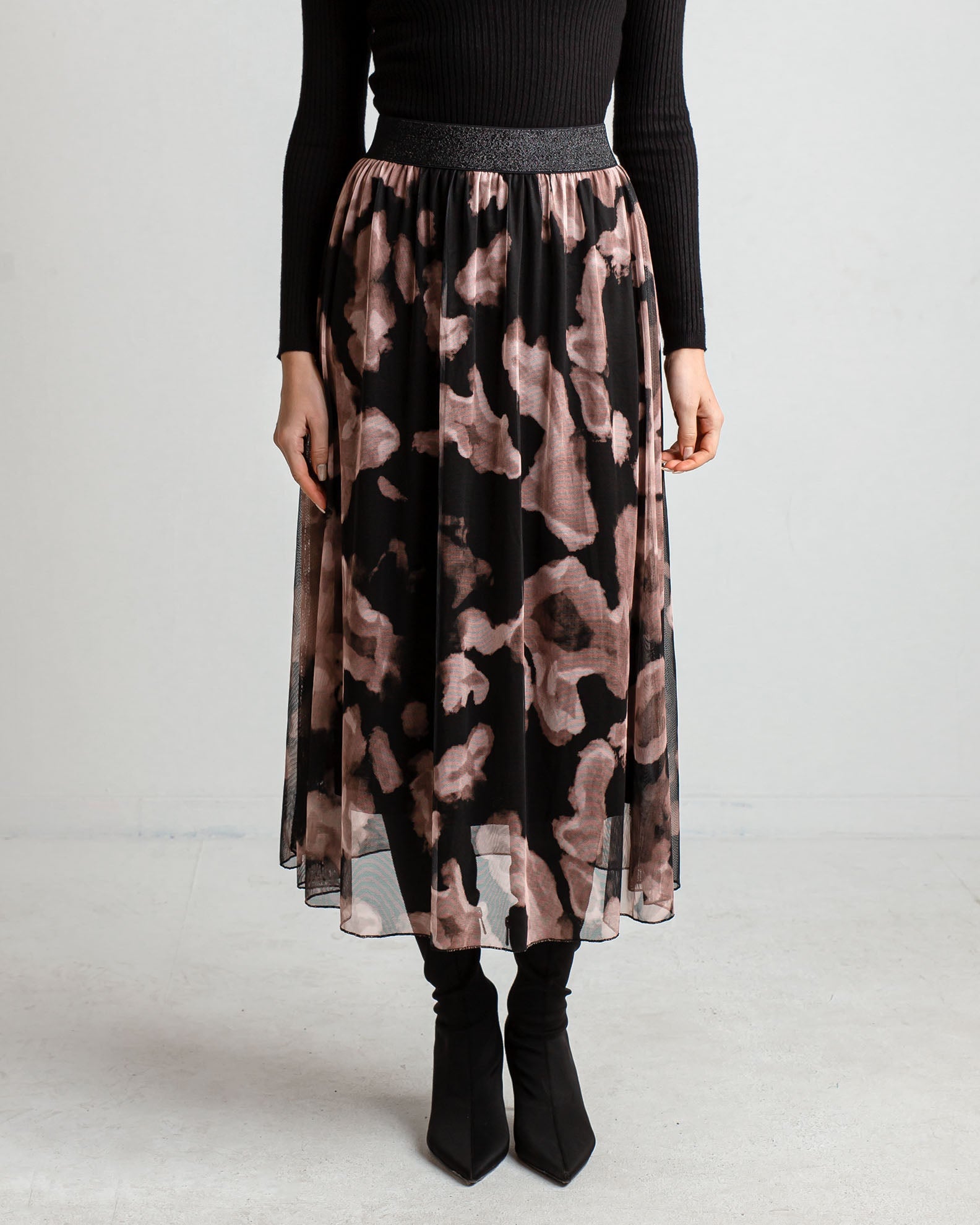 Tulle Floral Midi Skirt with Elastic 'Gi44llian'-black