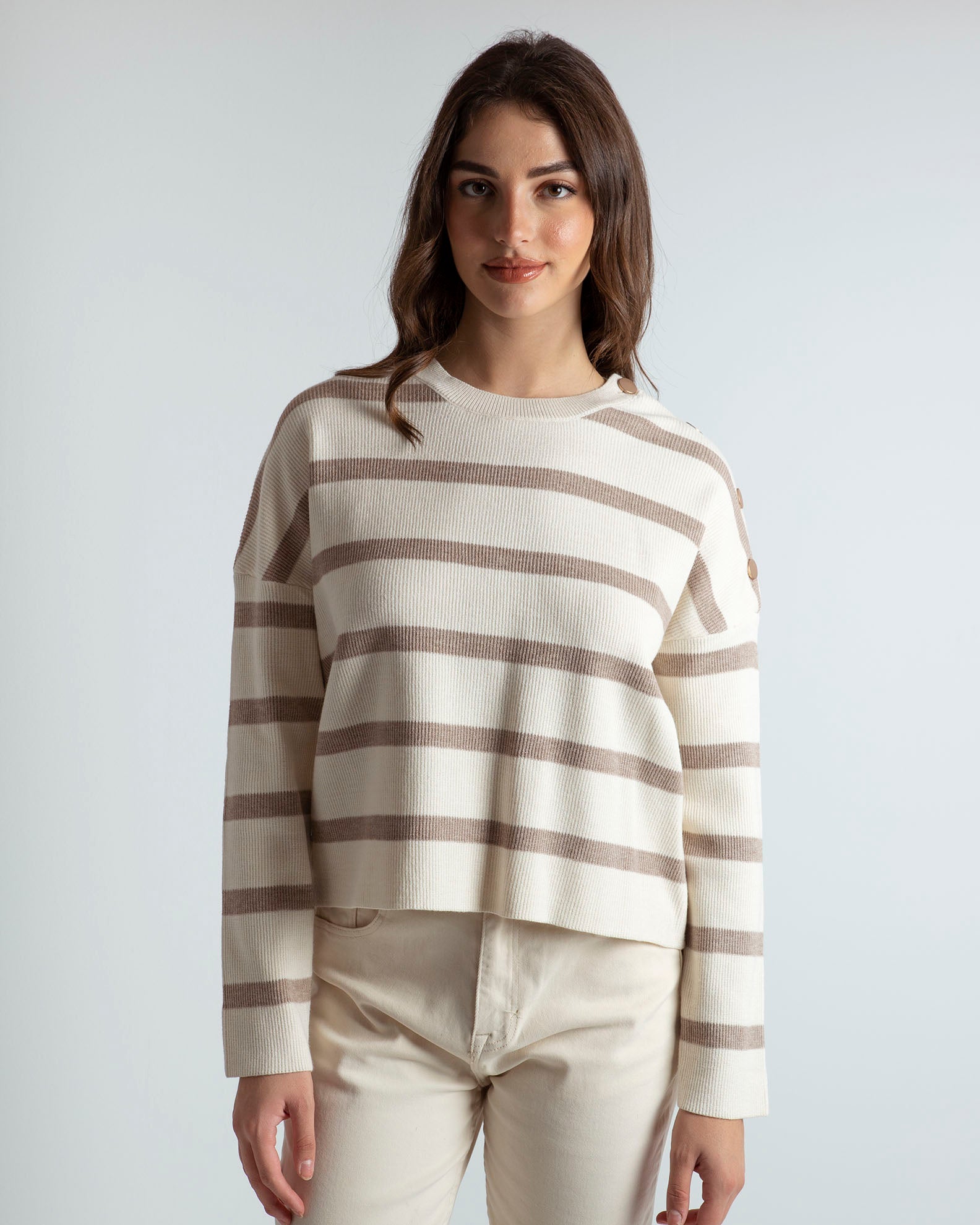 Women's knitted blouse with striped design 'Ma44xi'-beige/camel stripe