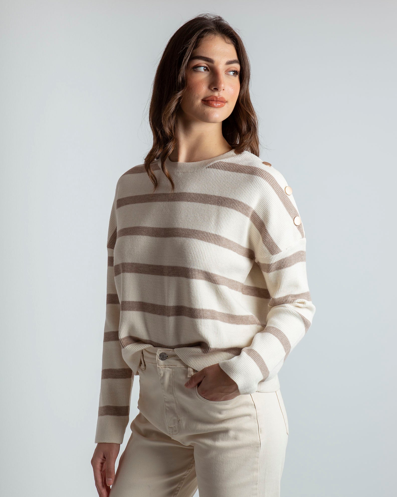 Women's knitted blouse with striped design 'Ma44xi'-beige/camel stripe