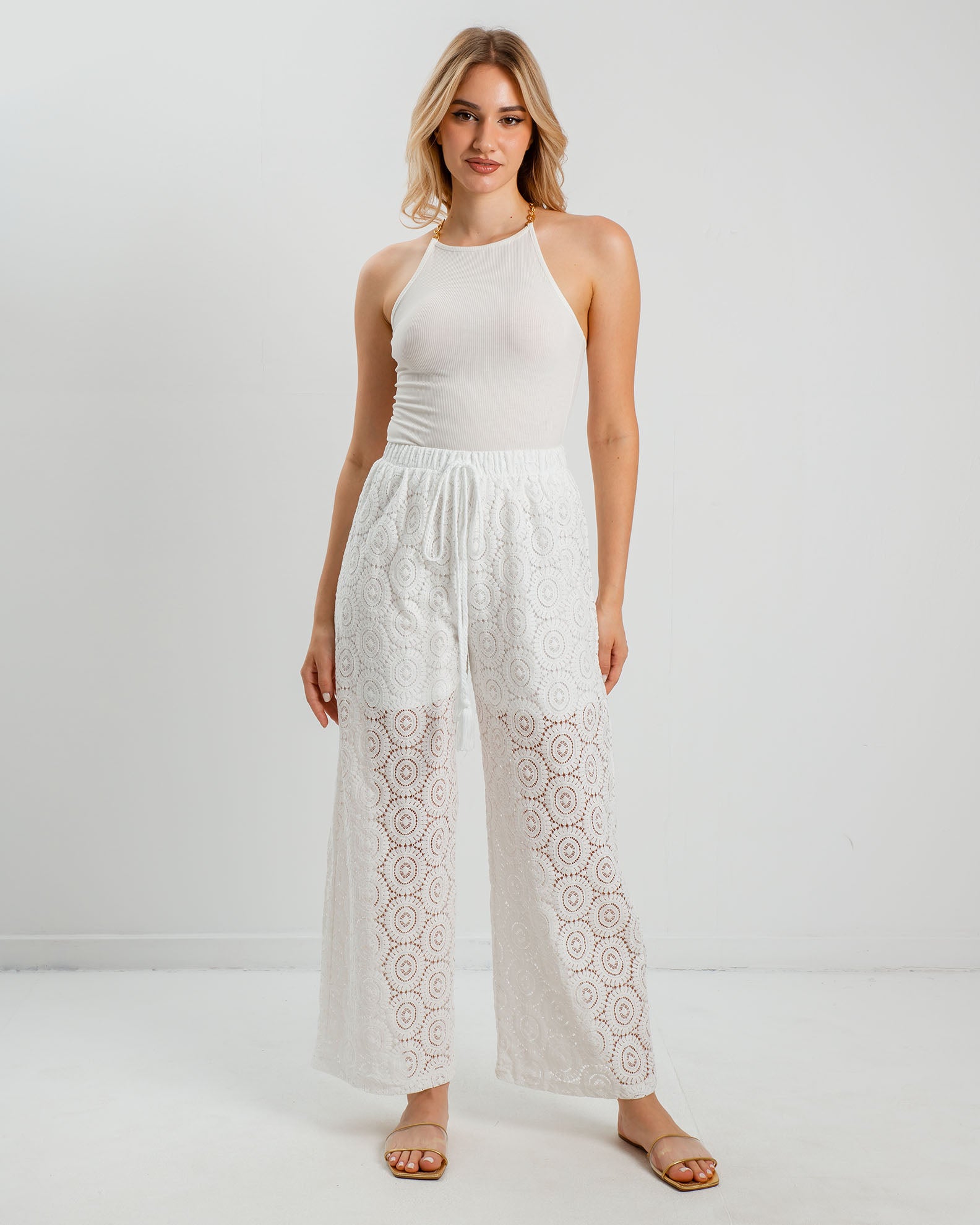 Women's white pants with embroidery 'La44ry'-white