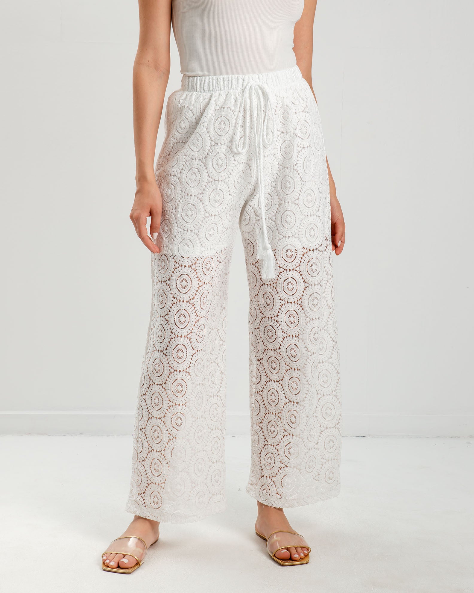 Women's white pants with embroidery 'La44ry'-white