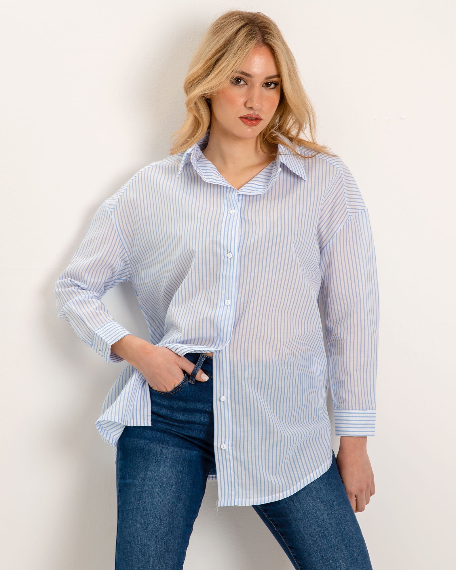 Women's Oversize Long Sleeve Shirt 'El44sa'-lblue stripe