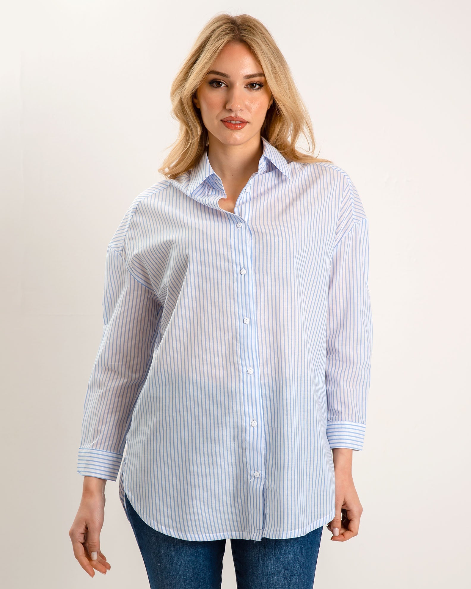 Women's Oversize Long Sleeve Shirt 'El44sa'-lblue stripe