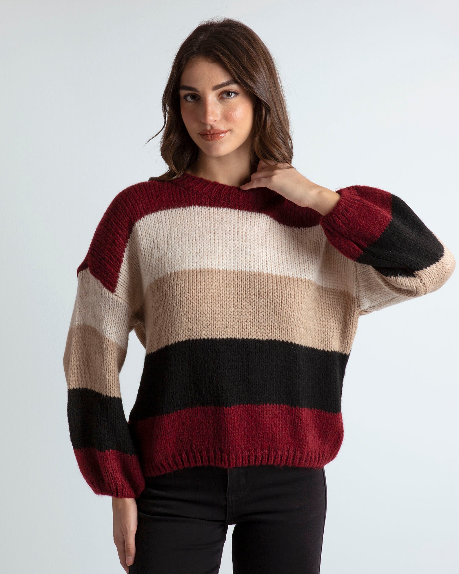 Women's sweater Yu44na-ruby red stripe