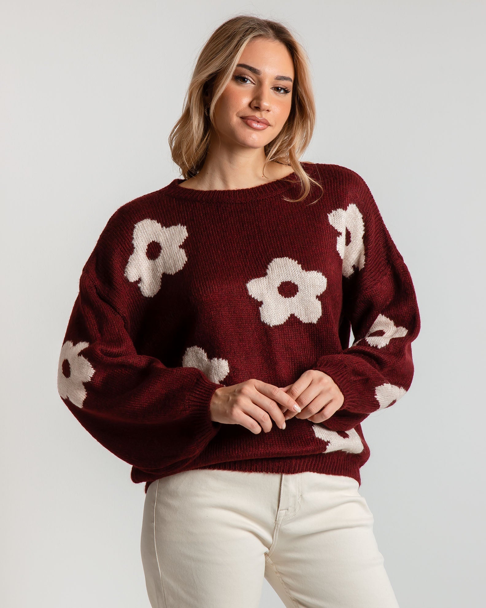 Women's knitted pullover with 'Fl44ower' design - BORDEAUX