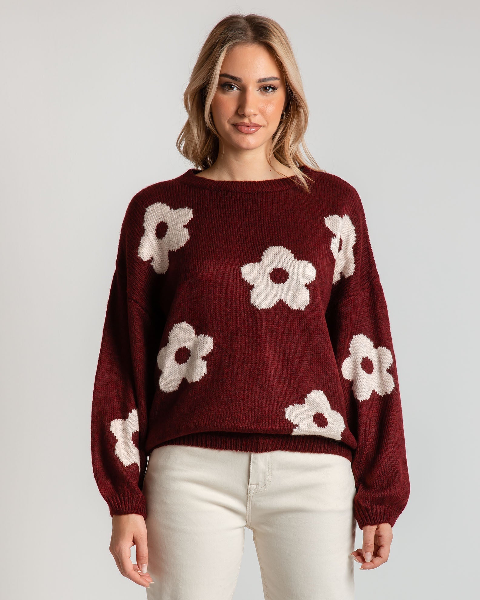 Women's knitted pullover with 'Fl44ower' design - BORDEAUX