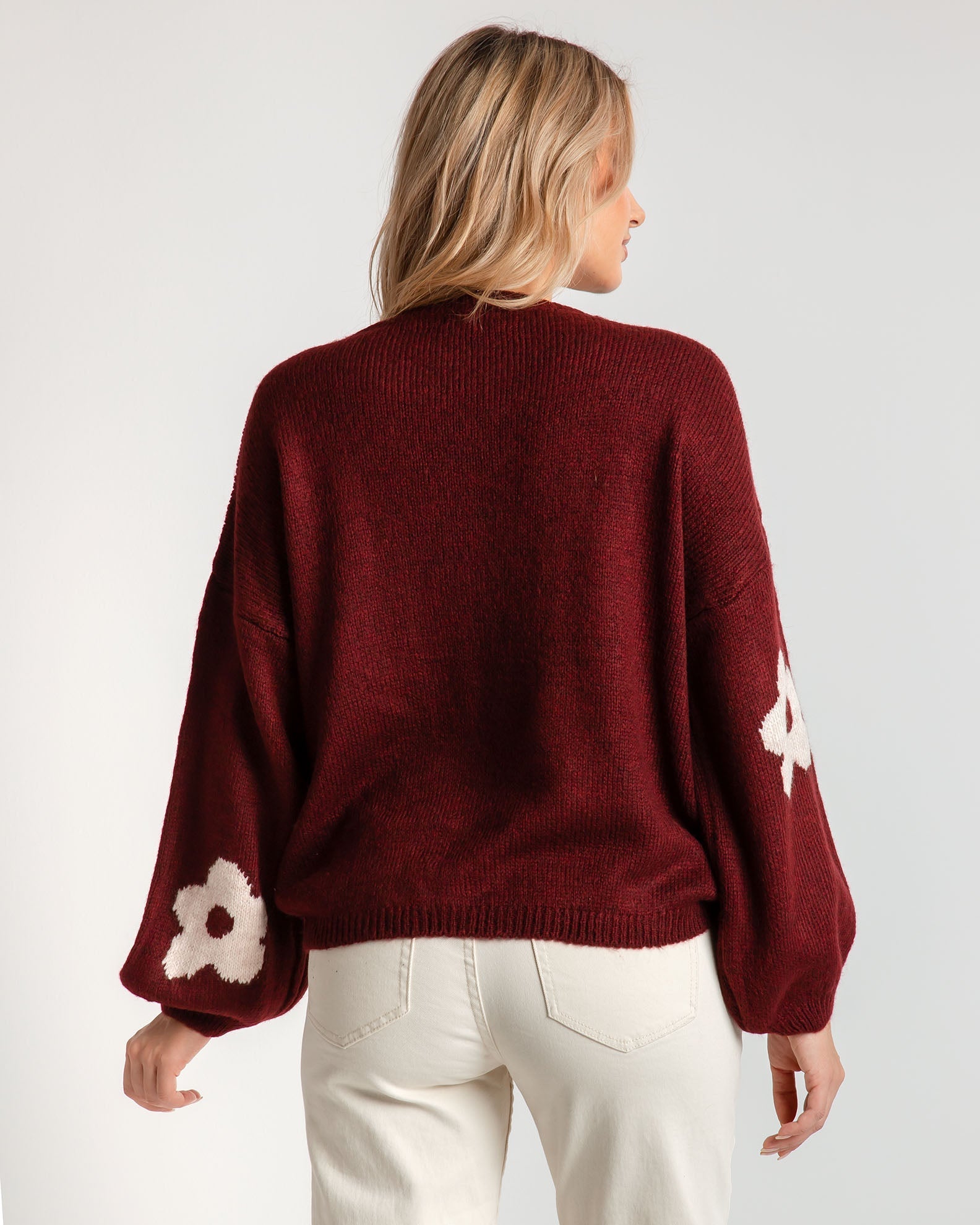 Women's knitted pullover with 'Fl44ower' design - BORDEAUX