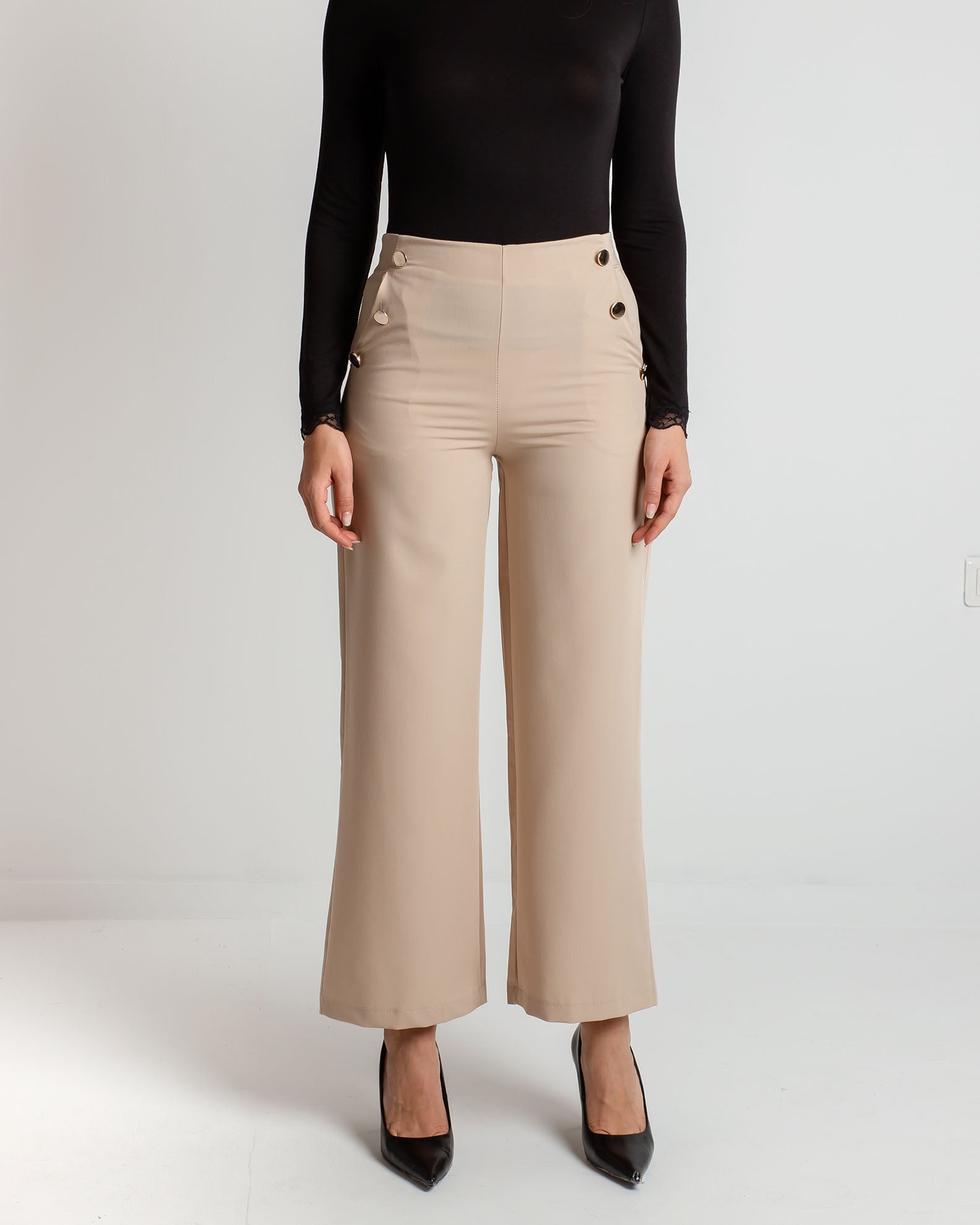 Women's high-waisted trousers with elastic waist 'Annalisa'-beige