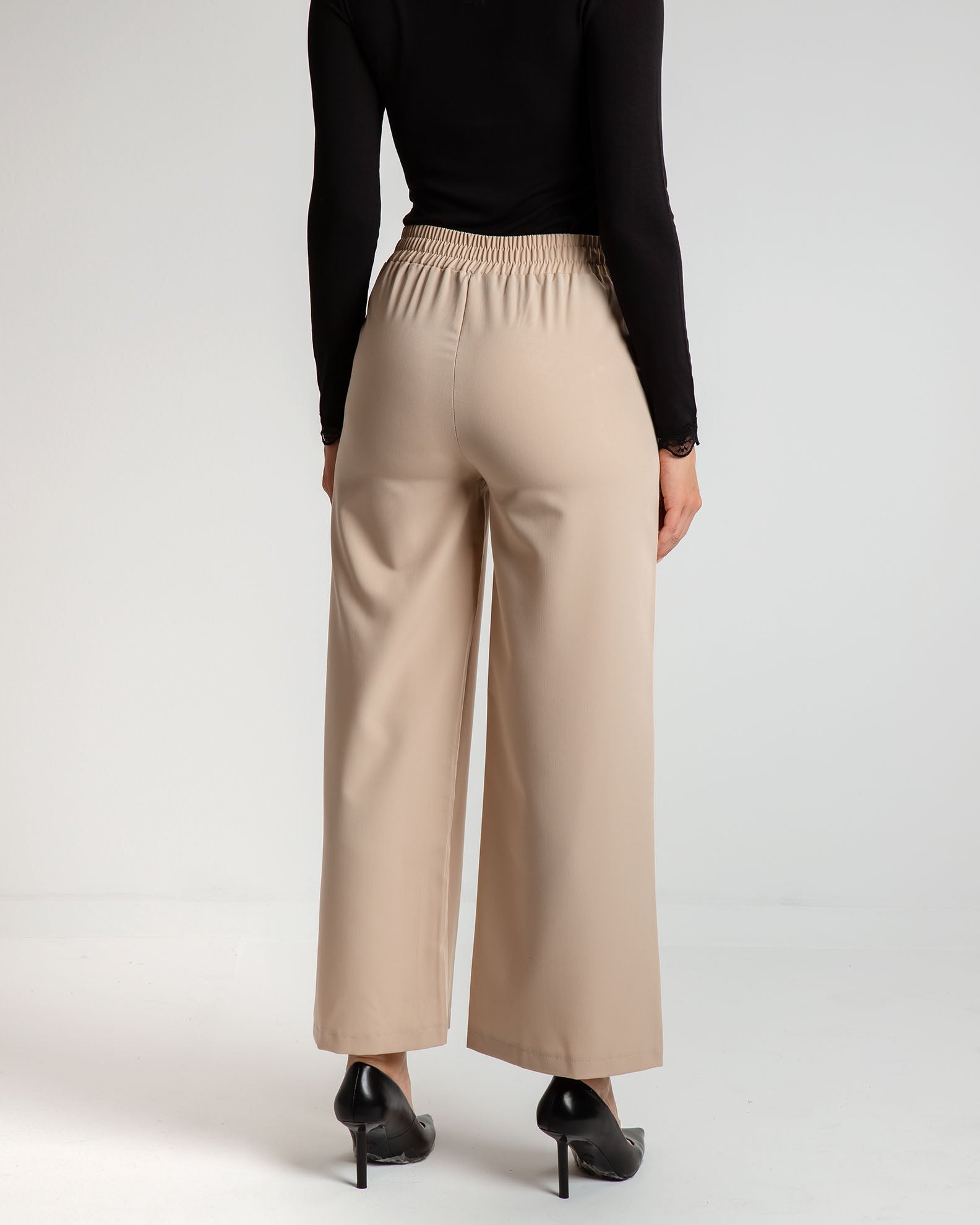 Women's high-waisted trousers with elastic waist 'Annalisa'-beige