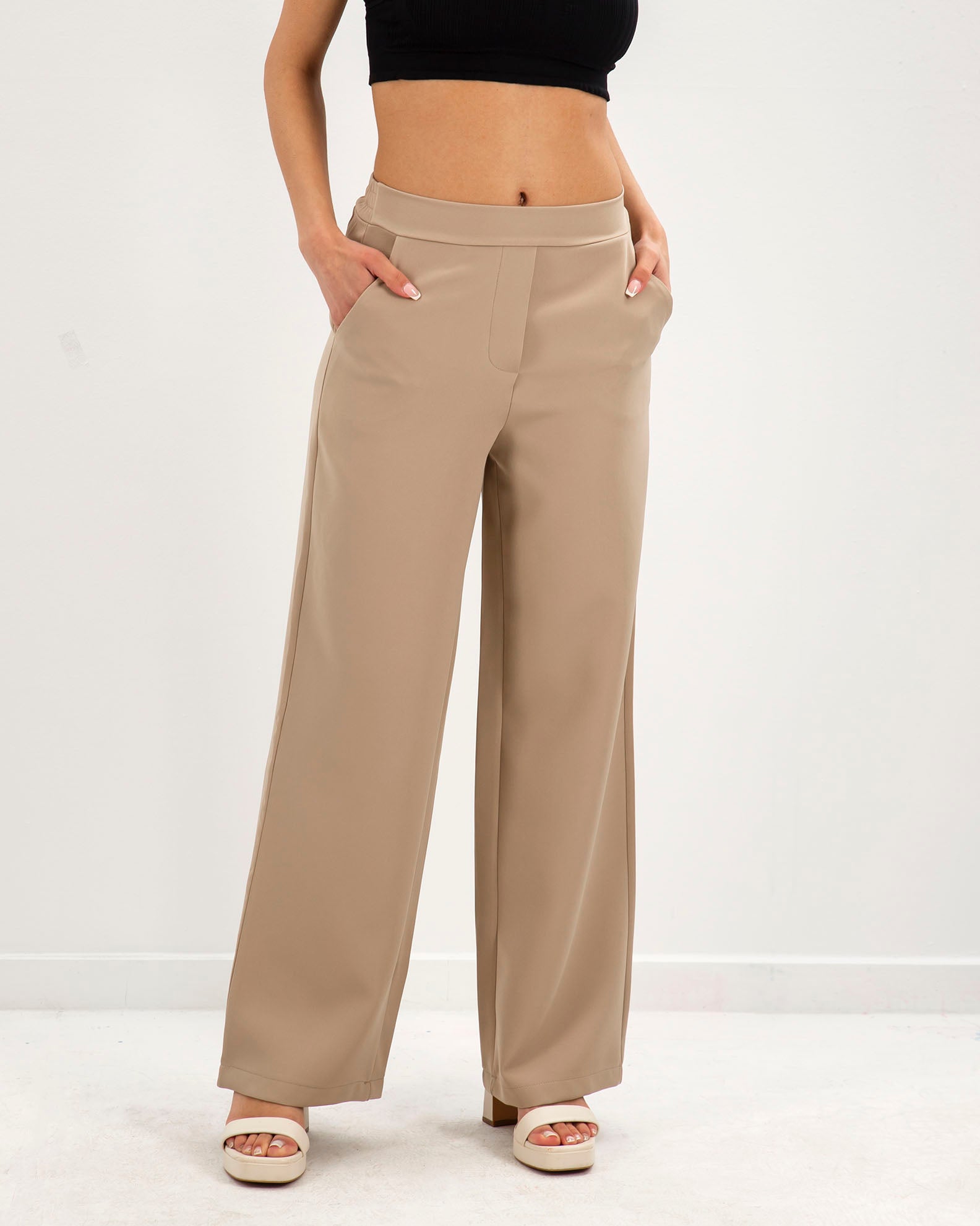 Women's high-waisted trousers with elastic waist 'Is44a'-beige