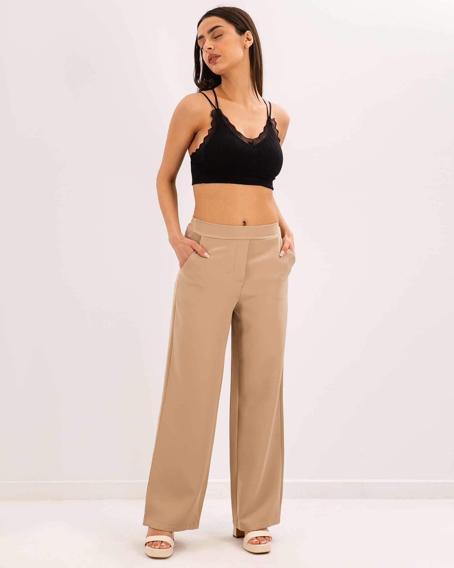 Women's high-waisted trousers with elastic waist 'Is44a'-beige