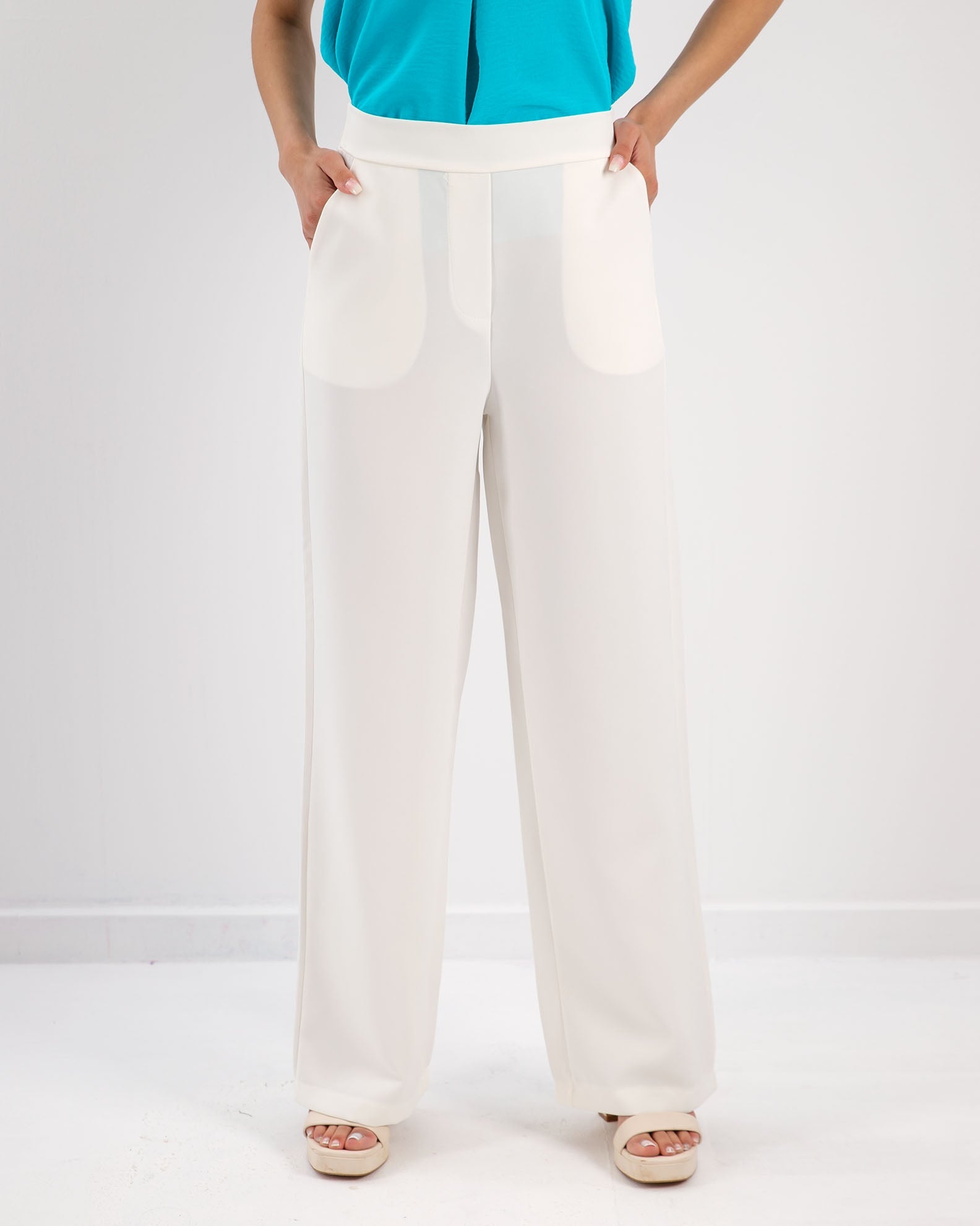 Women's high-waisted trousers with elastic waist 'Is44a'-WHITE